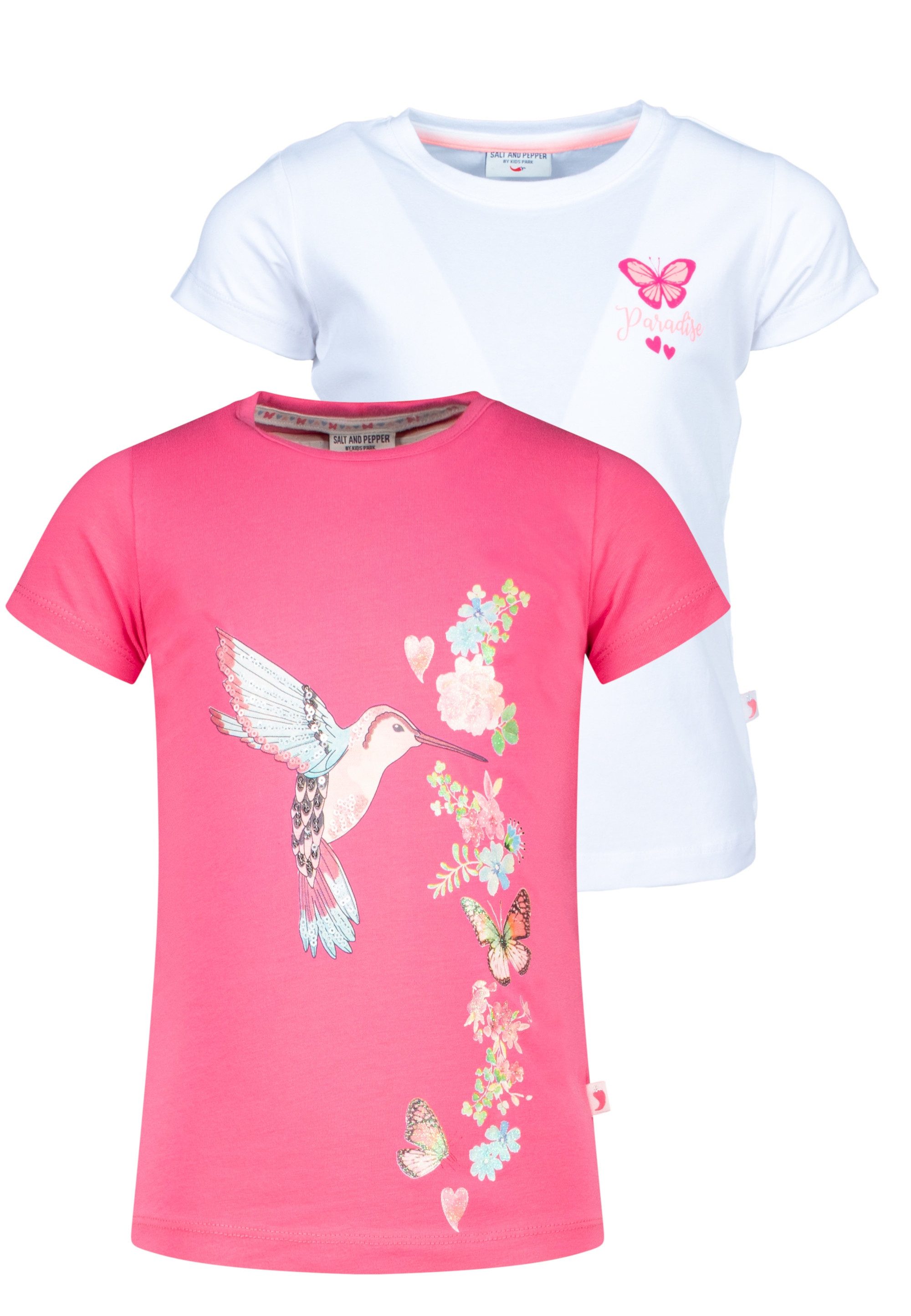 SALT AND PEPPER T-Shirt Fancy 2er-Pack mit Kolibri- und Blumenrankenmotiv