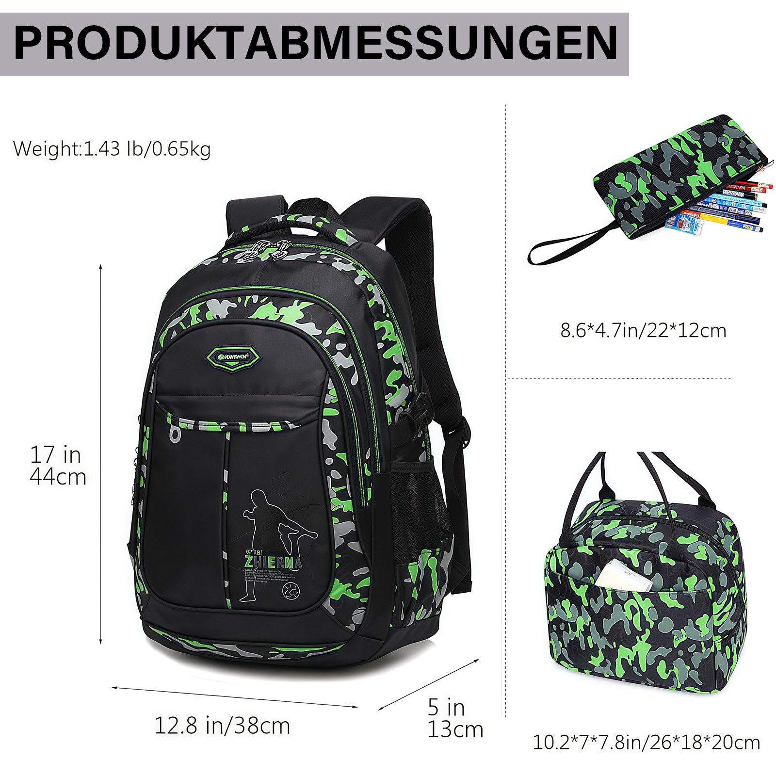 MOPUEA Schulrucksack Schulrucksack-Set Jungen Teenager coole Camouflage-Büchertaschen, mit Lunchbox, Federmäppchen, 3-teilig