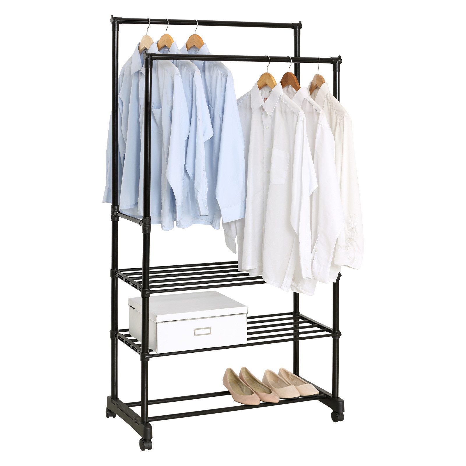 kisidus Kleiderständer Garderobenständer mit 2 Kleiderstangen, 3 Ablagen und Rollen, (Garderobe auf Rollen, seitliche Haken für Accessoires), für Schlafzimmer, Ankleidezimmer, schwarz