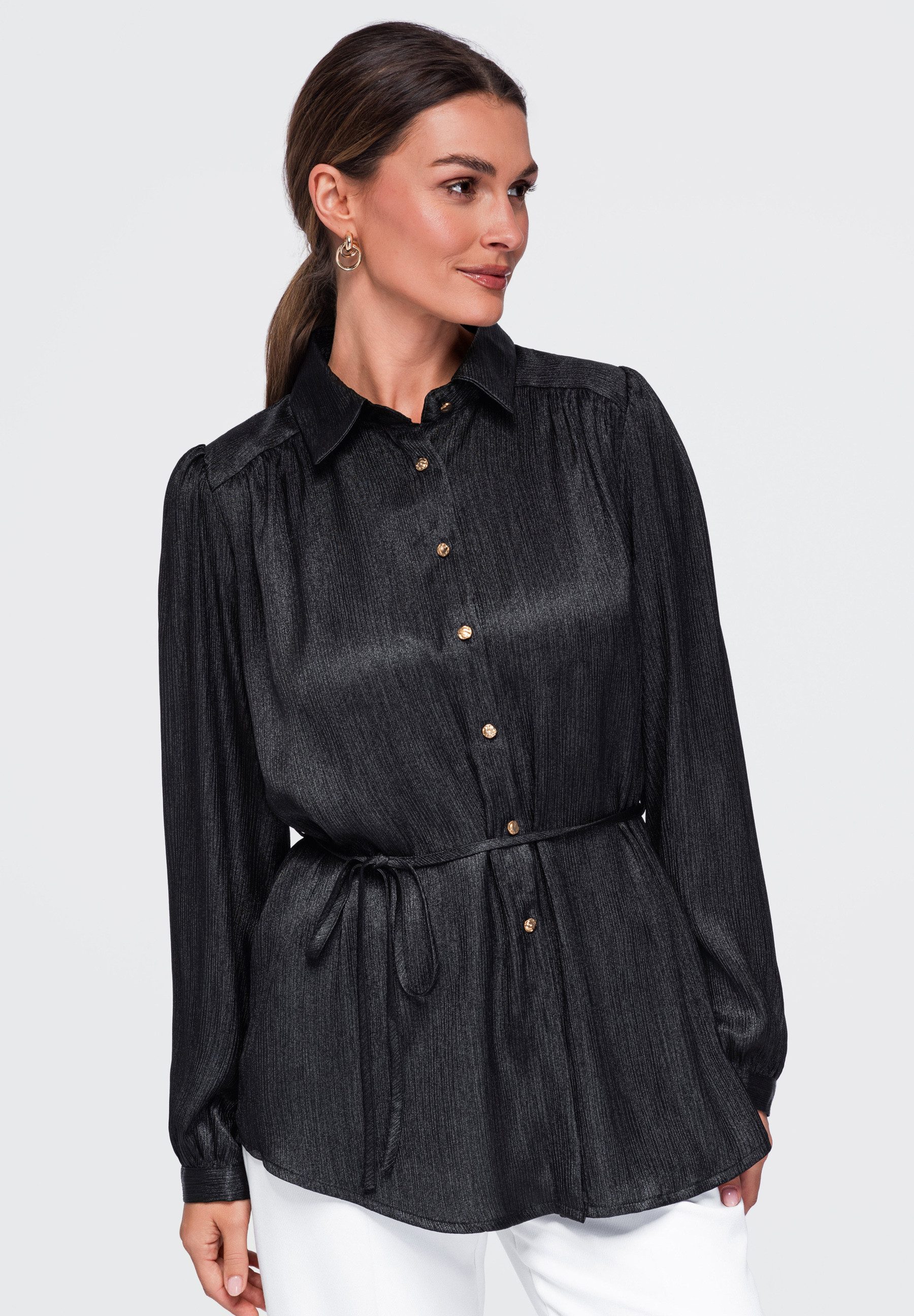 OMBRE Hemdbluse Damen Hemdbluse mit verlängertem Schnitt und Gürtel Schwarz L (kein Set, 1-tlg) in Unifarbe