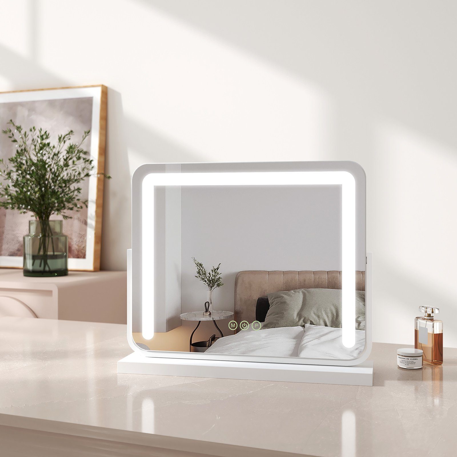 EMKE Kosmetikspiegel Schminkspiegel LED Kosmetikspiegel mit Beleuchtung Tischspiegel, mit Touch, 3 Lichtfarben Dimmbar, Memory-Funktion, 360° Drehbar Weiß