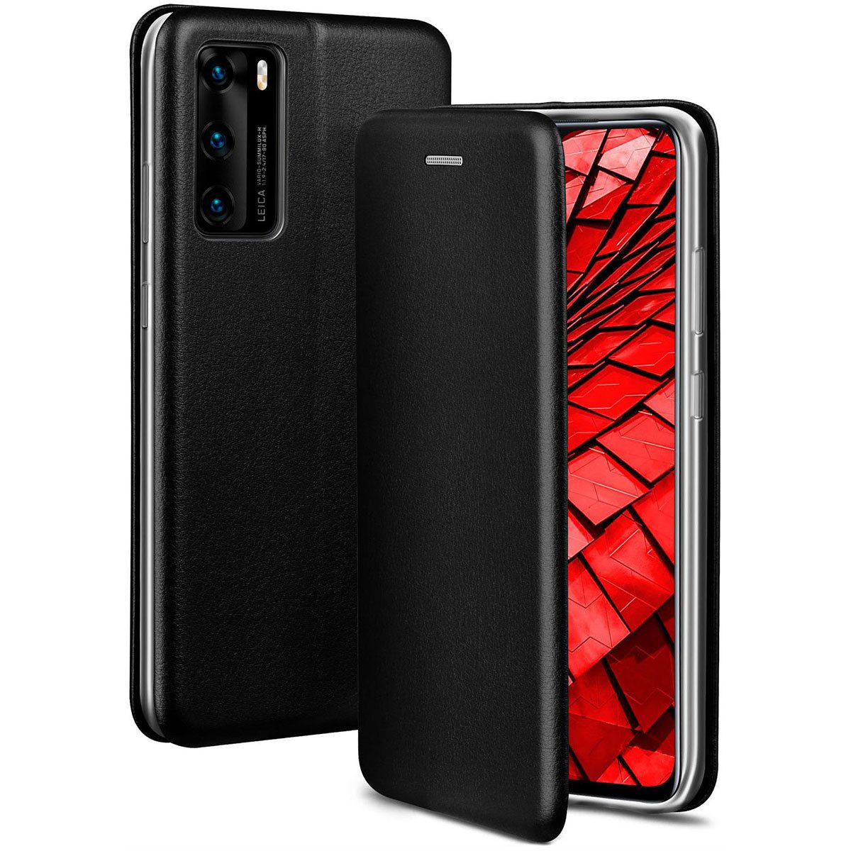ONEFLOW Handyhülle für Huawei P40 Premium Hülle Business Cover Schwarz 6,1 Zoll, 360 Grad Schutzhülle Flip Case Etui Klapphülle Dünn Leder Handy Tasche