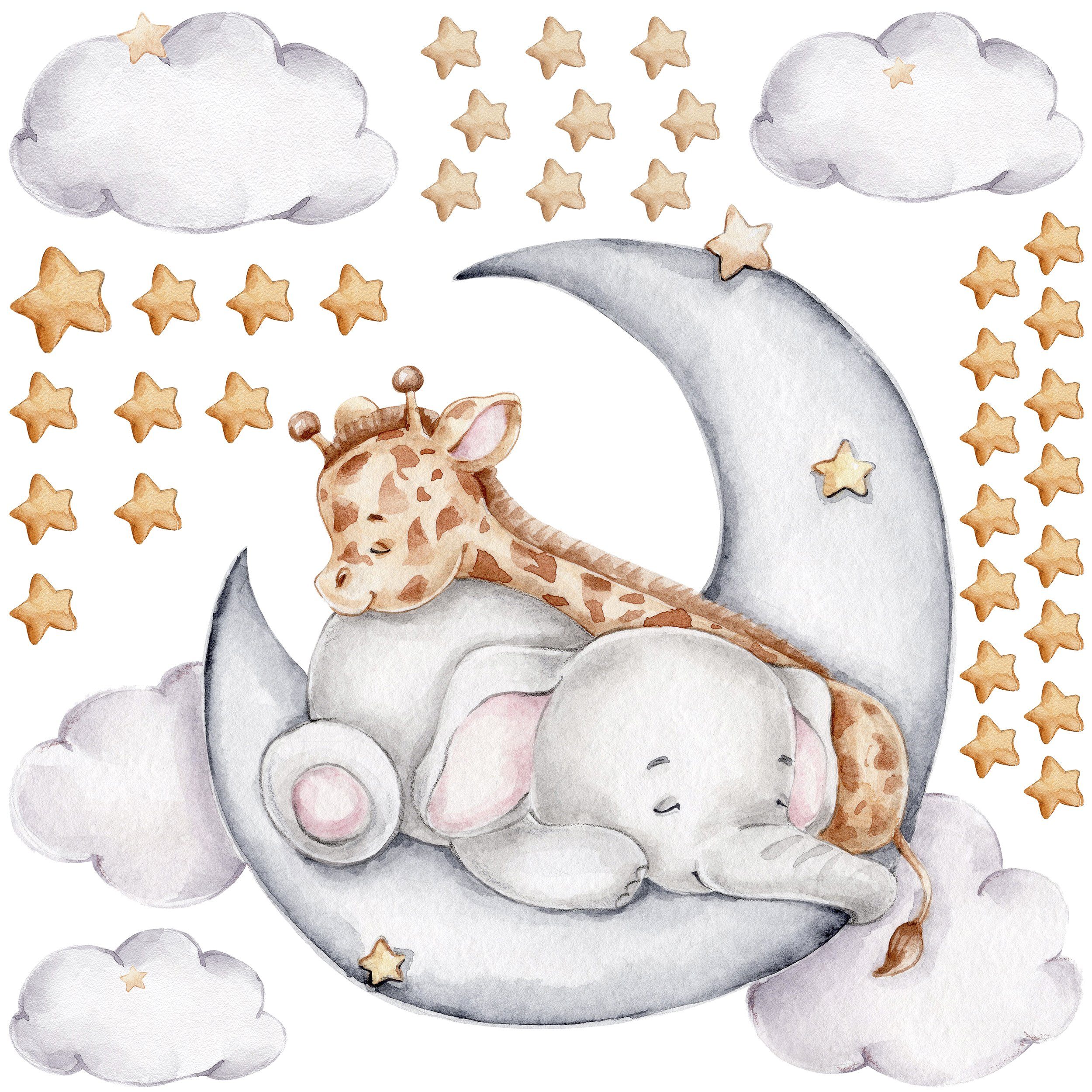 WANDKIND Wandtattoo Elefant und Giraffe auf dem Mond V325 (Giraffe Elefant)