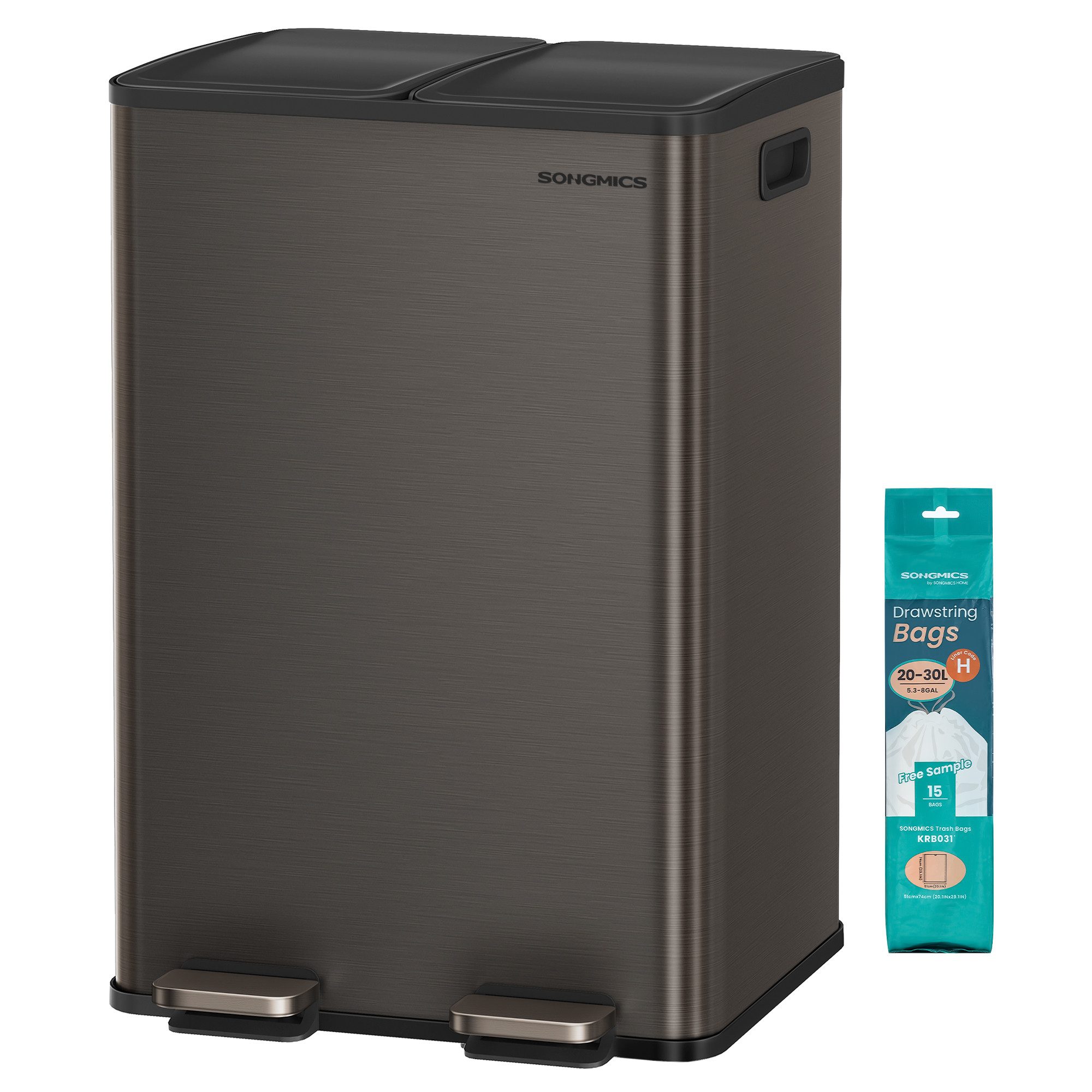 SONGMICS Mülleimer Mülleimer Küche, 2 Fächer, Abfalleimer, Softclose, 2 x 30 Liter