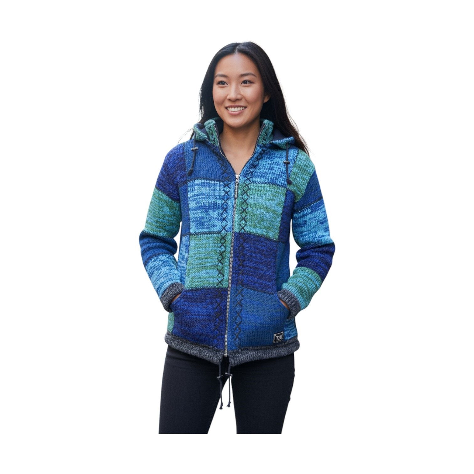 THC Natural Line Strickjacke THC Schafwollstrickjacke blaue Quadrate 806 (1 Stück, 1-tlg., 1 Stück) Strickjacke mit abnehmbarer Kapuze