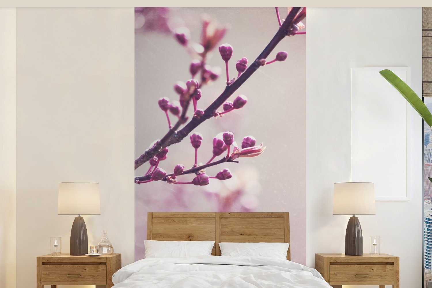 St), Küche, violetten Matt, für MuchoWow Vliestapete (2 der Fototapete Sakura, Nahaufnahme Wohnzimmer Fototapete Schlafzimmer Blüten bedruckt, einer