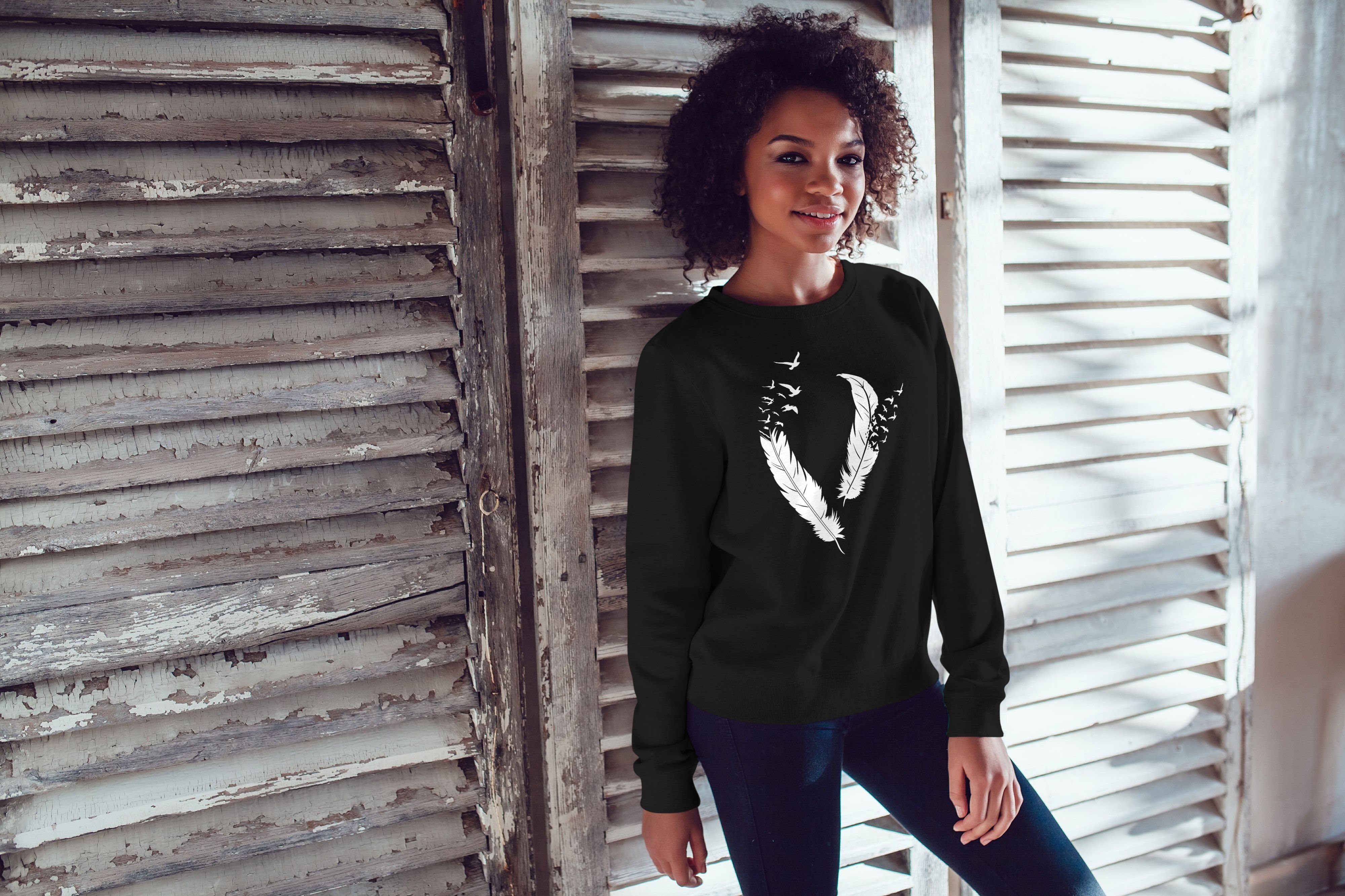 Sweatshirt Neverless® Sweatshirt Damen Vögel Neverless Sweater Print Pulli Rundhals-Pullover schwarz Feder