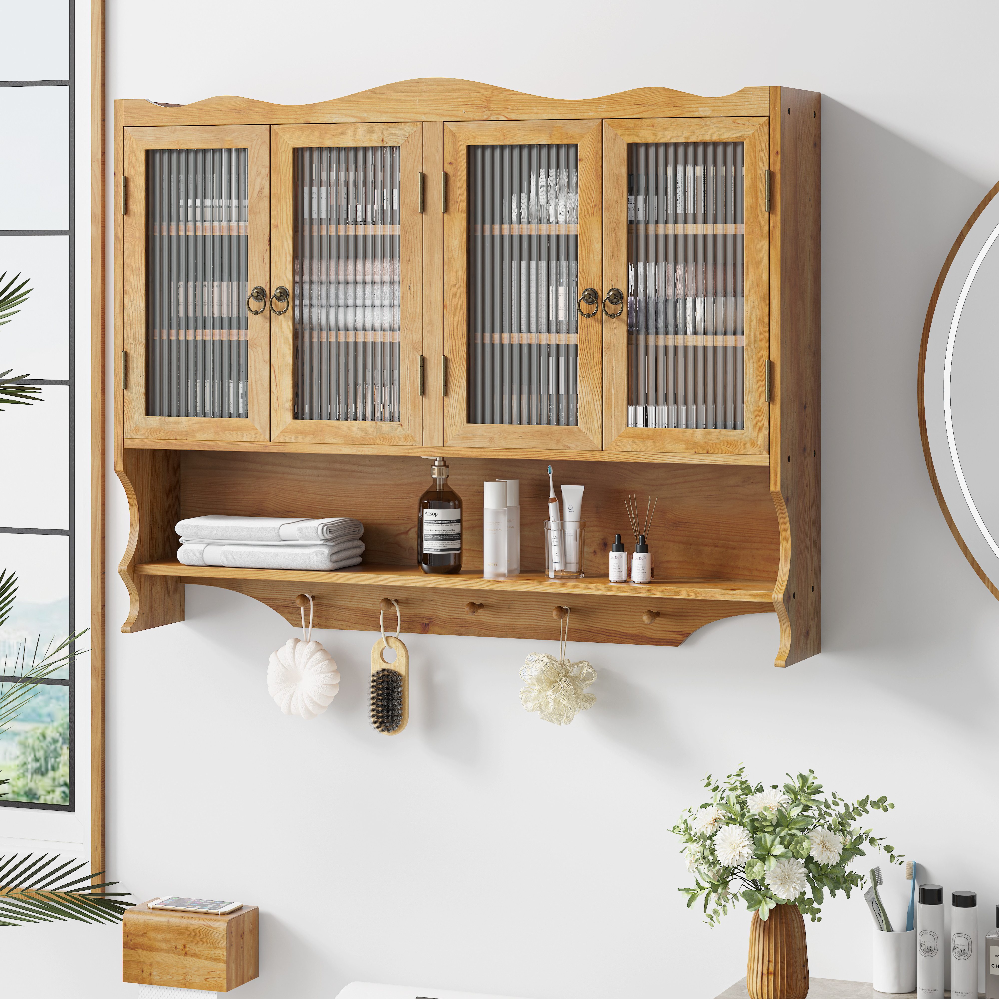 REDOM Hängeschrank 100 cm Wandschrank mit 4 Türen und Offenem Hakenrack (Design aus Holz und Glas, 35 kg Belastbarkeit, Badschrank Badezimmerschrank, Robustes Design aus Holz und Glas, 35 kg Tragkraft)