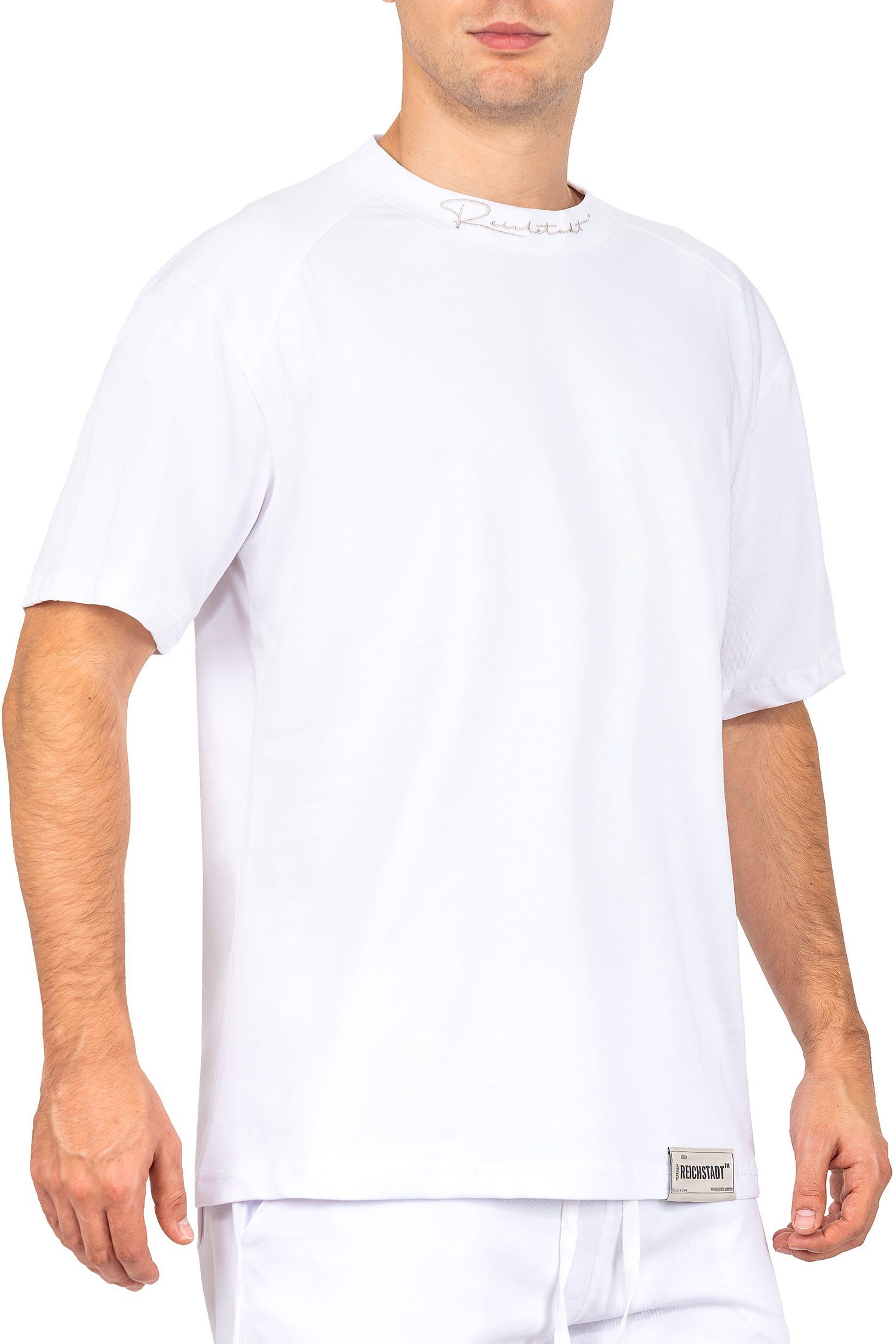 Casual Oversize-Shirt 23RS041 (1-tlg) Weiß Kurzarm T-shirt am Stitching mit Reichstadt Kragen