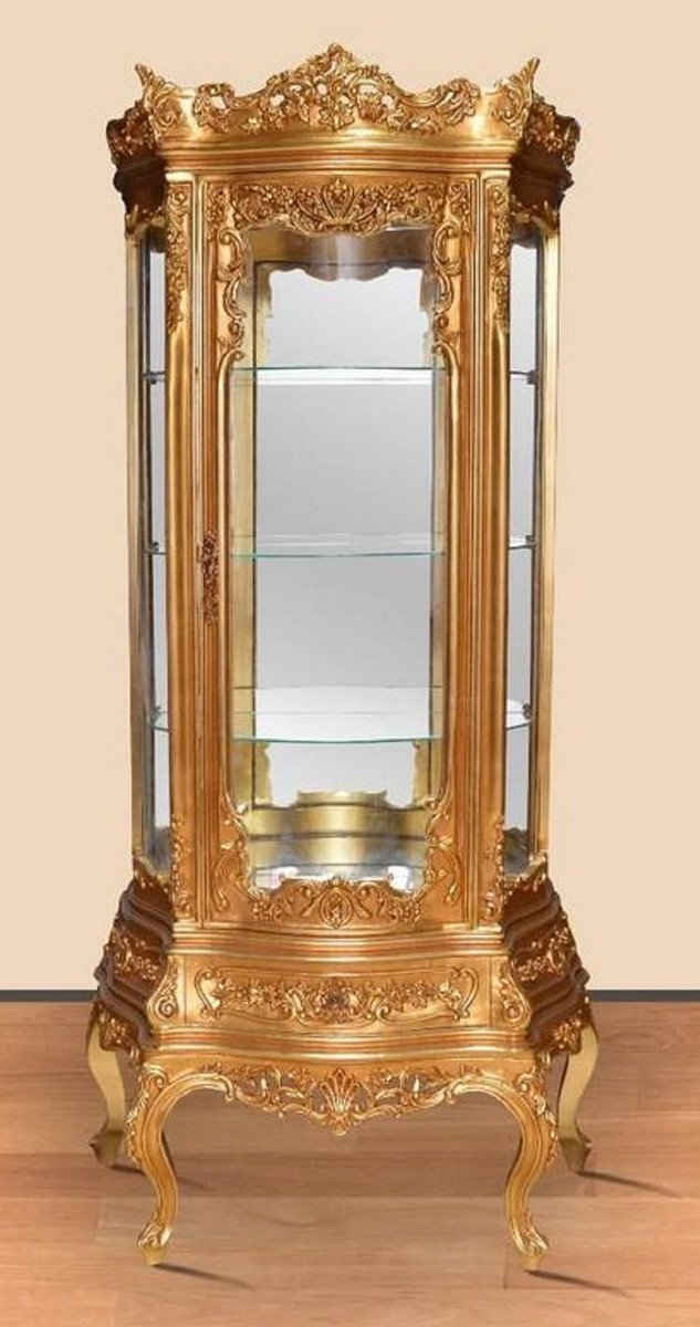 Casa Padrino Vitrine Barock Vitrine Gold - Prunkvoller Barock Vitrinenschrank mit Schublade - Handgefertigte Barock Wohnzimmer Möbel