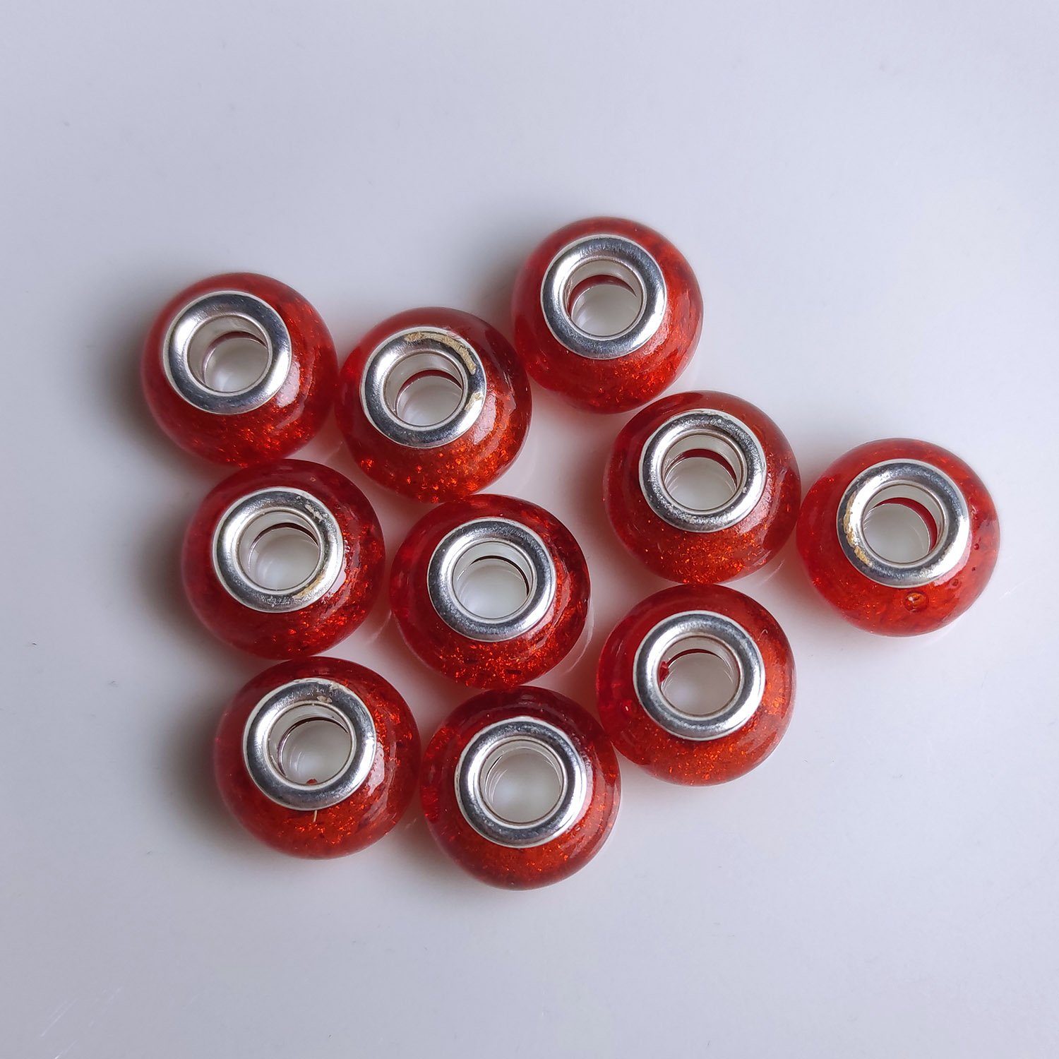 Kopper-24 Bastelperlen Großloch Spacer Charm Perlen Rondelle Glitzer, 14 mm, 10 Stück, Orange