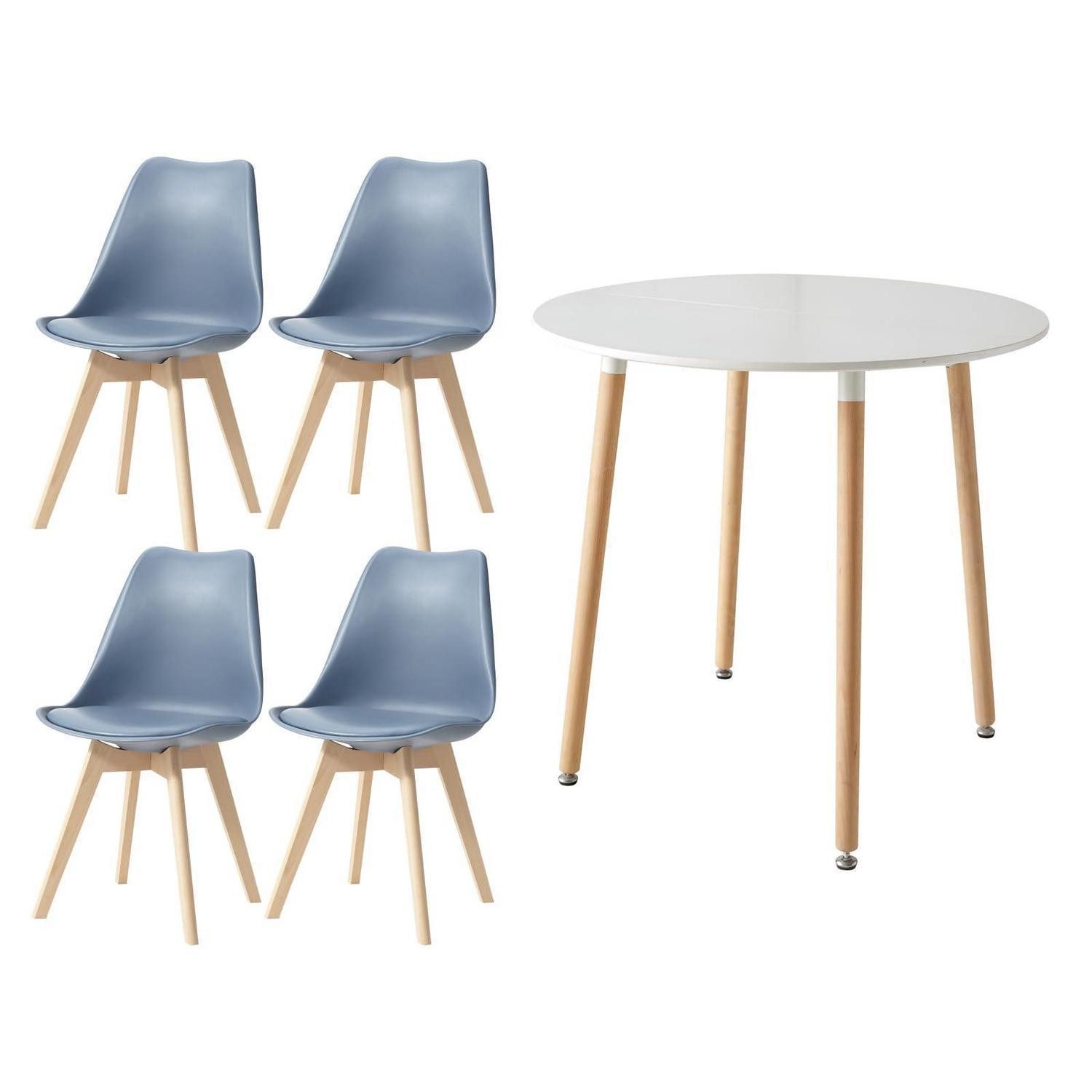 LuxusKollektion Essgruppe Esstisch 4 Esszimmerstühle Patchwork Blaue Stühle Weiß Runder Tisch