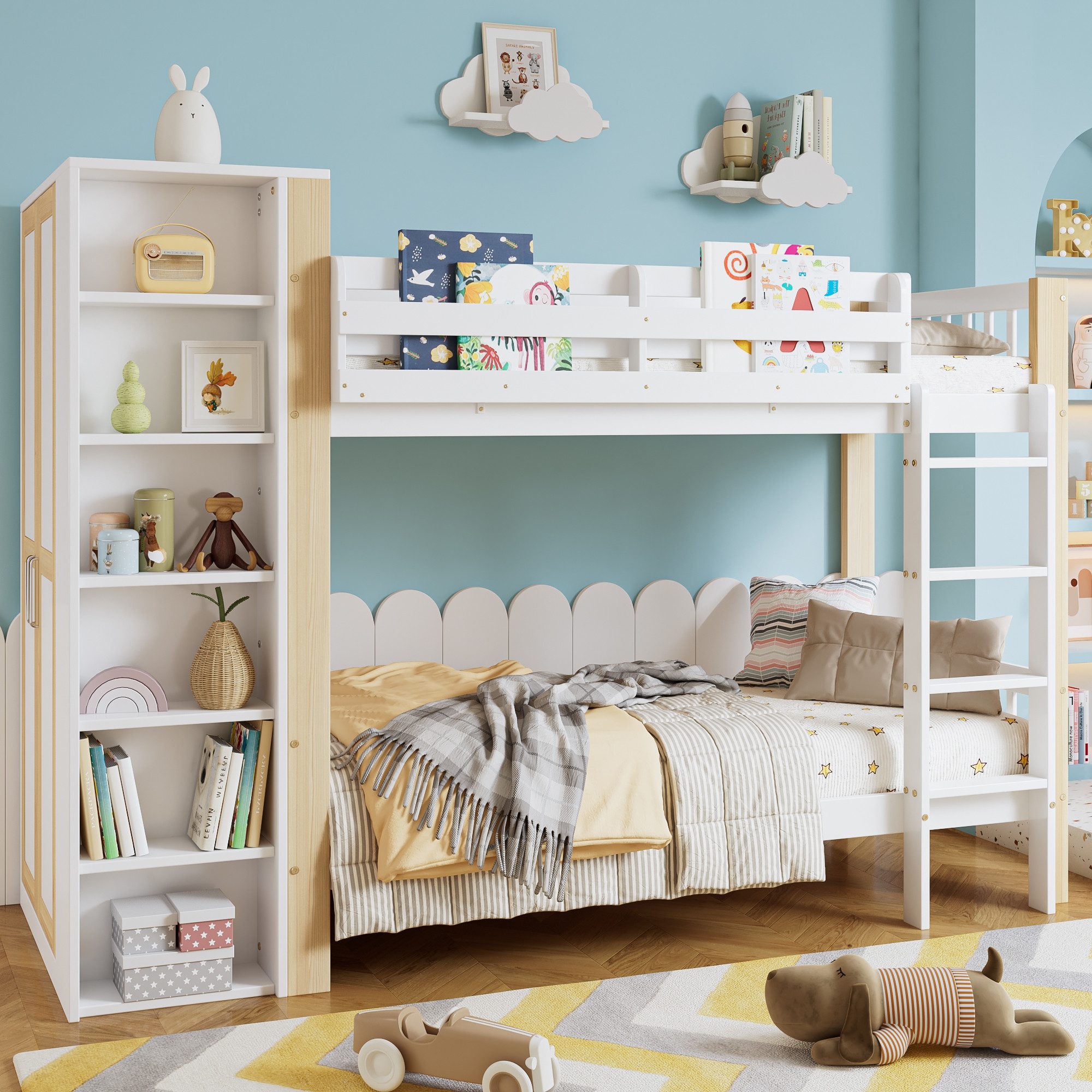 KLAM HOME Etagenbett Kinderbett mit Fallschutz und Kleiderschrank, Reichlic günstig online kaufen