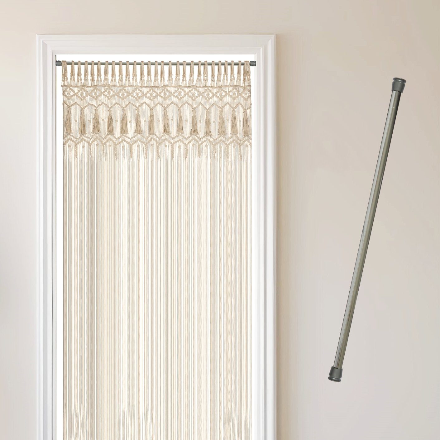 Cozyor Türvorhang Makramee 132 x 200 cm Boho Vorhang Fenstervorhang Raumteiler (1 St), Schlaufen, Baumwolle, mit Vorhangstange ohne Bohren beige, Wandteppich Wandbehang