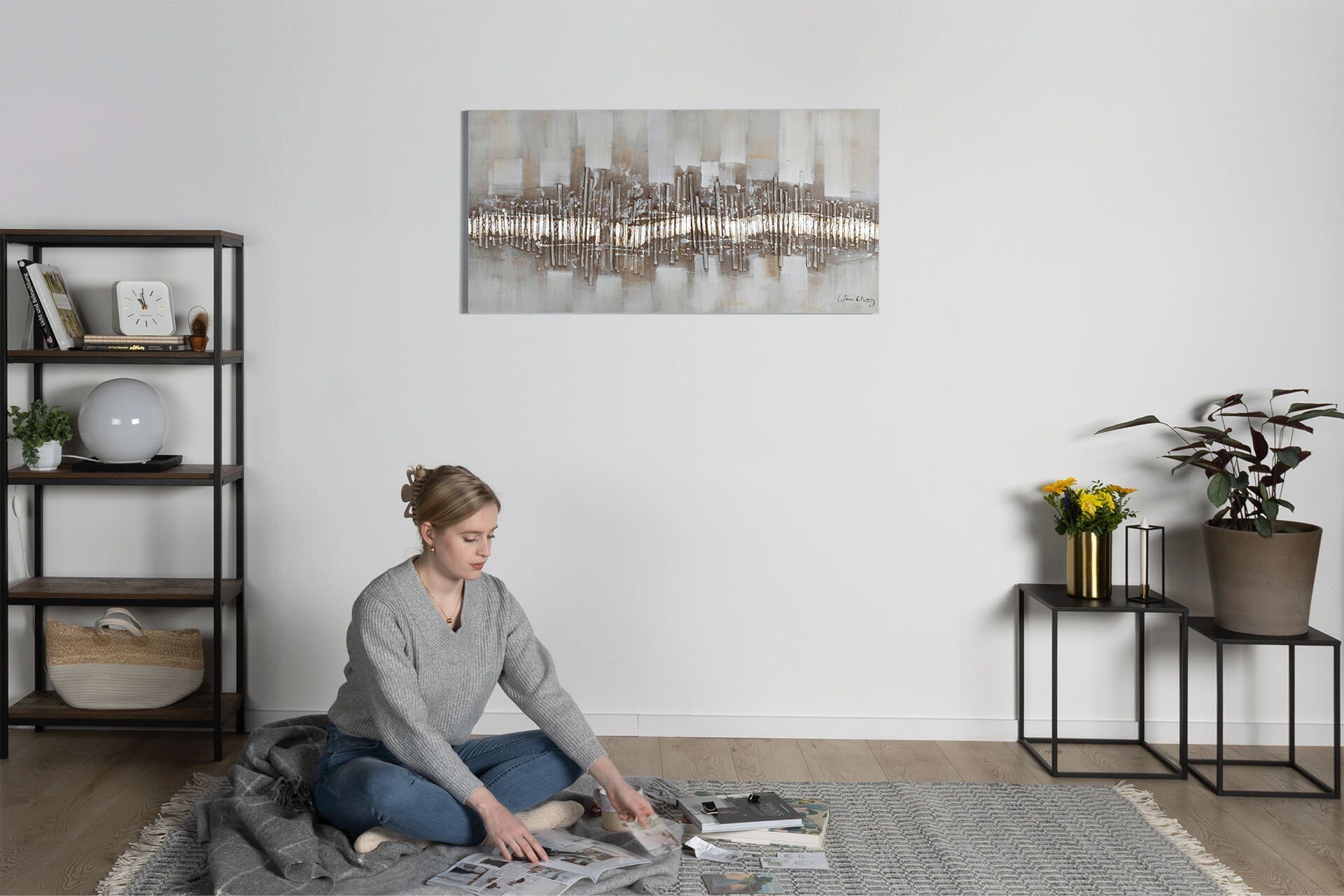 KUNSTLOFT Gemälde City Outline HANDGEMALT Leinwandbild Wandbild 100% cm, 120x60 Wohnzimmer