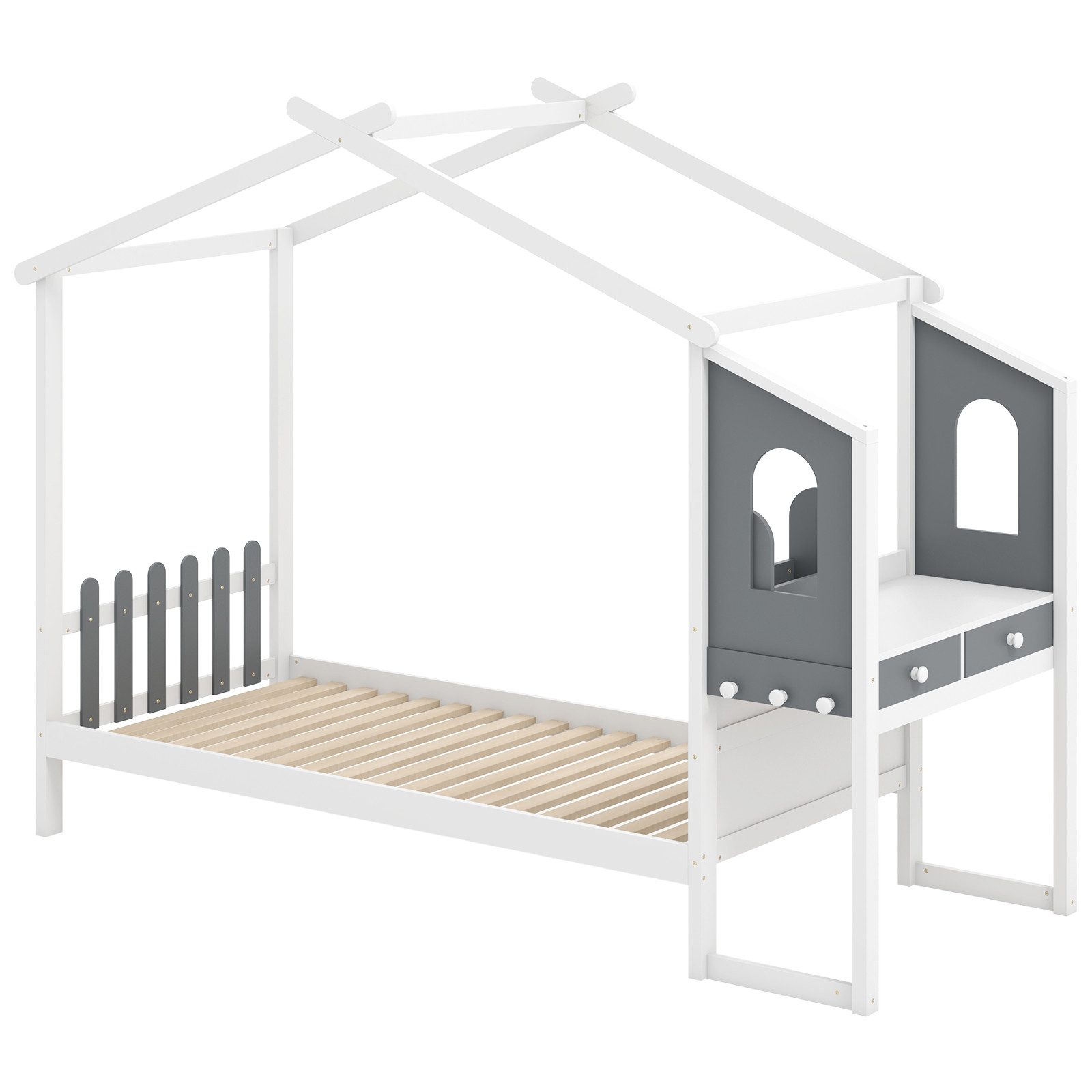 KOMFOTTEU Kinderbett, Hausbett mit Schreibtisch, Schubladen & Haken, 90 x 200