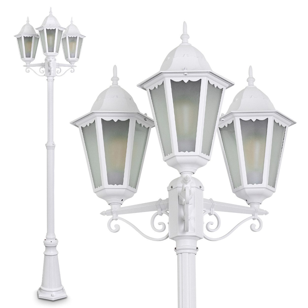 hofstein Außen-Stehlampe »Fabiano« Außenleuchte Kandelaber in antikem Look, Aluguss in Weiß, ohne Leuchtmittel, mit Milchglas-Scheiben, 3-armig, höhenverstellbar, E27, IP44