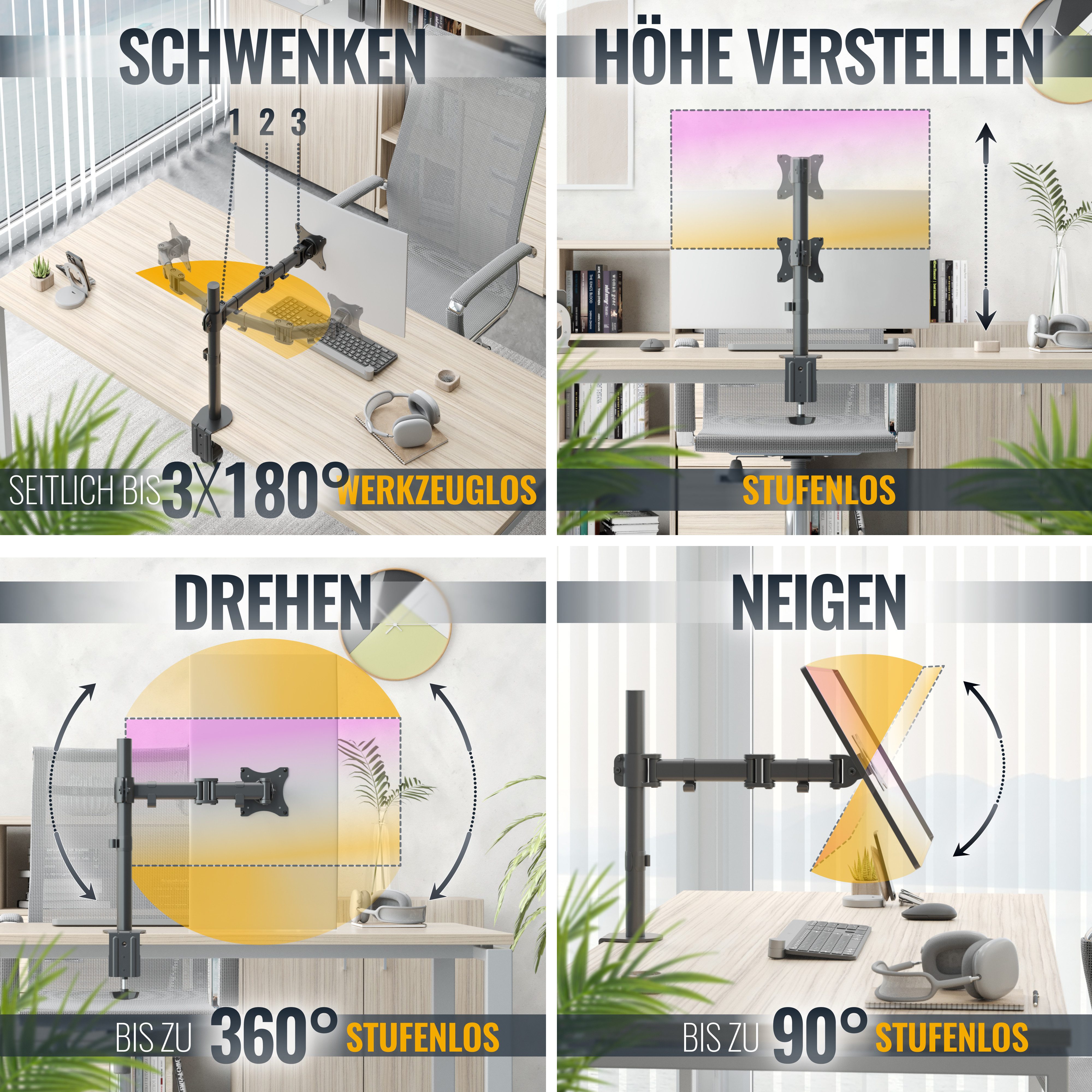 RICOO Monitor-Halterung Tischhalter für Monitor schwenkbar neigbar TS5711, (bis 30 Zoll, VESA 75x75 und 100x100, 1-tlg., 8 kg Belastbarkeit, von 33-76 cm (13"-30) Bildschirm-Diagonale, Tischhalterung neigbar bis 45°, max. auf 415 mm vertikal verstellbar)