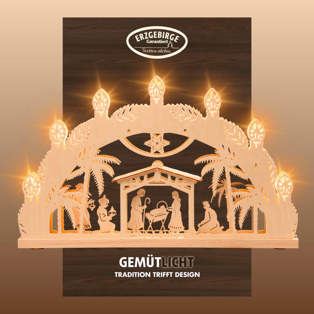 LED Schwibbogen Bethlehem, Holz Lichterbogen, NATUR, Christi Geburt, Made in Germany