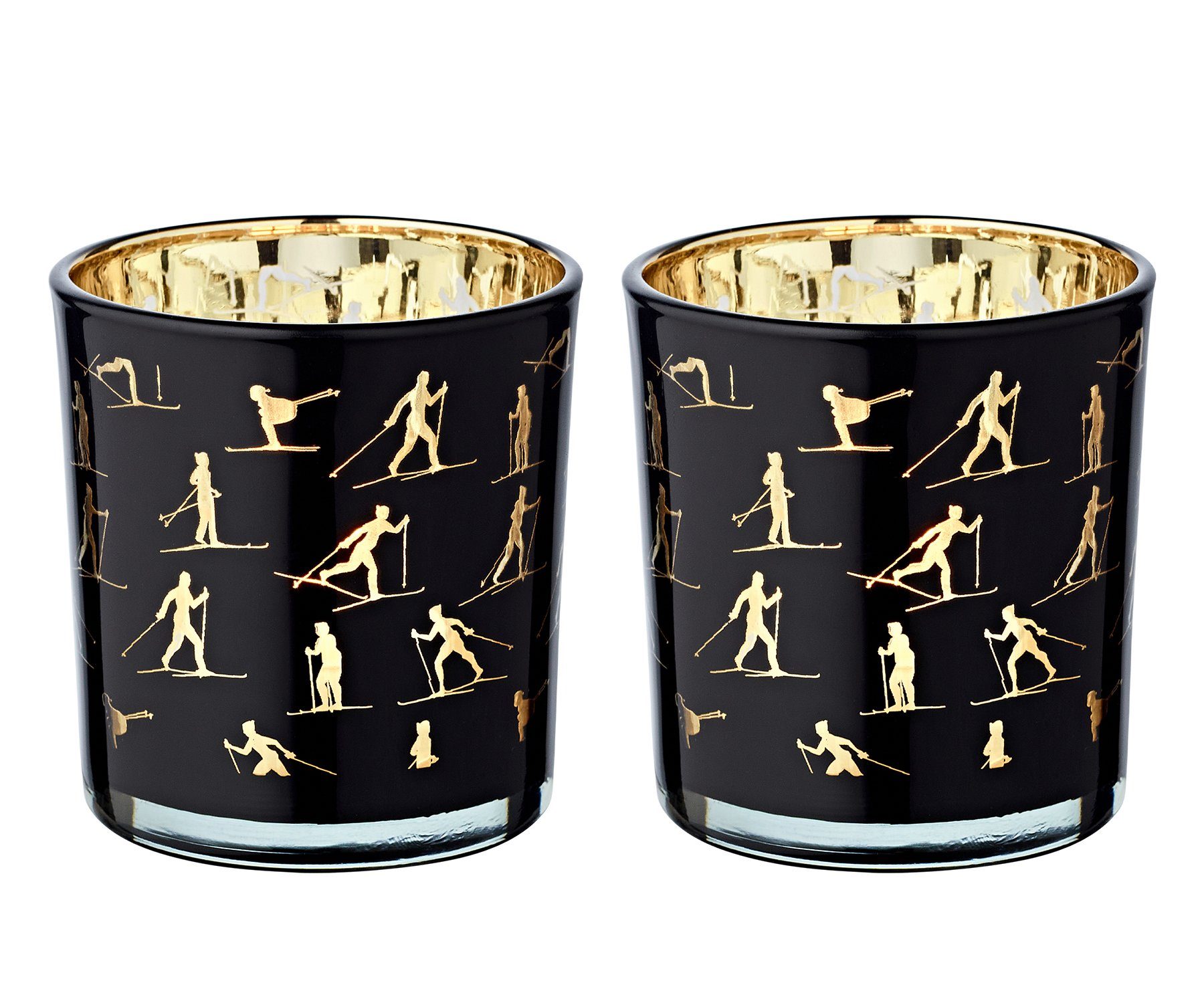 EDZARD Windlicht Monty, 2er-Set, Glas, Ski-Motiv, schwarz und gold, H 8 cm, Ø 7 cm