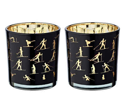 EDZARD Sektkühler Monty, Windlicht, Kerzenglas mit Monty-Motiv in Grün/Gold-Optik, Teelichtglas für Teelichter, Höhe 8 cm, Ø 7,5 cm