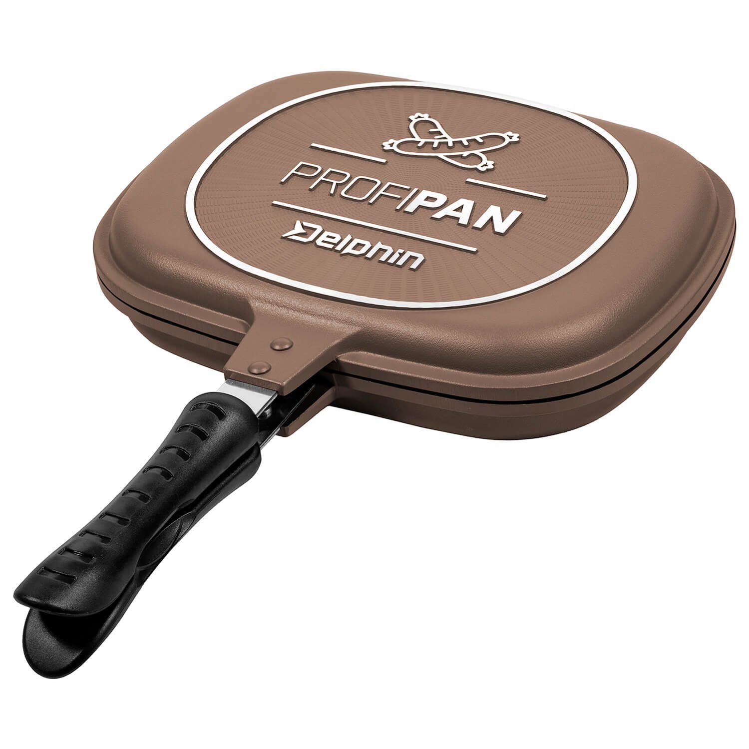 Delphin.sk Grillpfanne Delphin ProfiPan Outdoor Pfanne, Aluminium (1-tlg), Außenabmessungen: 28cm x 22cm x 7cm, Innenabmessungen: 26cm x 20cm, Grifflänge: 20cm, Gesamtmaße mit Griff: 28cm x 42cm x 7cm, Doppelseitiges Verschlussdesign mit Magnet am Griff, Aluminiumboden mit Antihaftbeschichtung, Hochtemperaturbeständige, umlaufende Dichtung