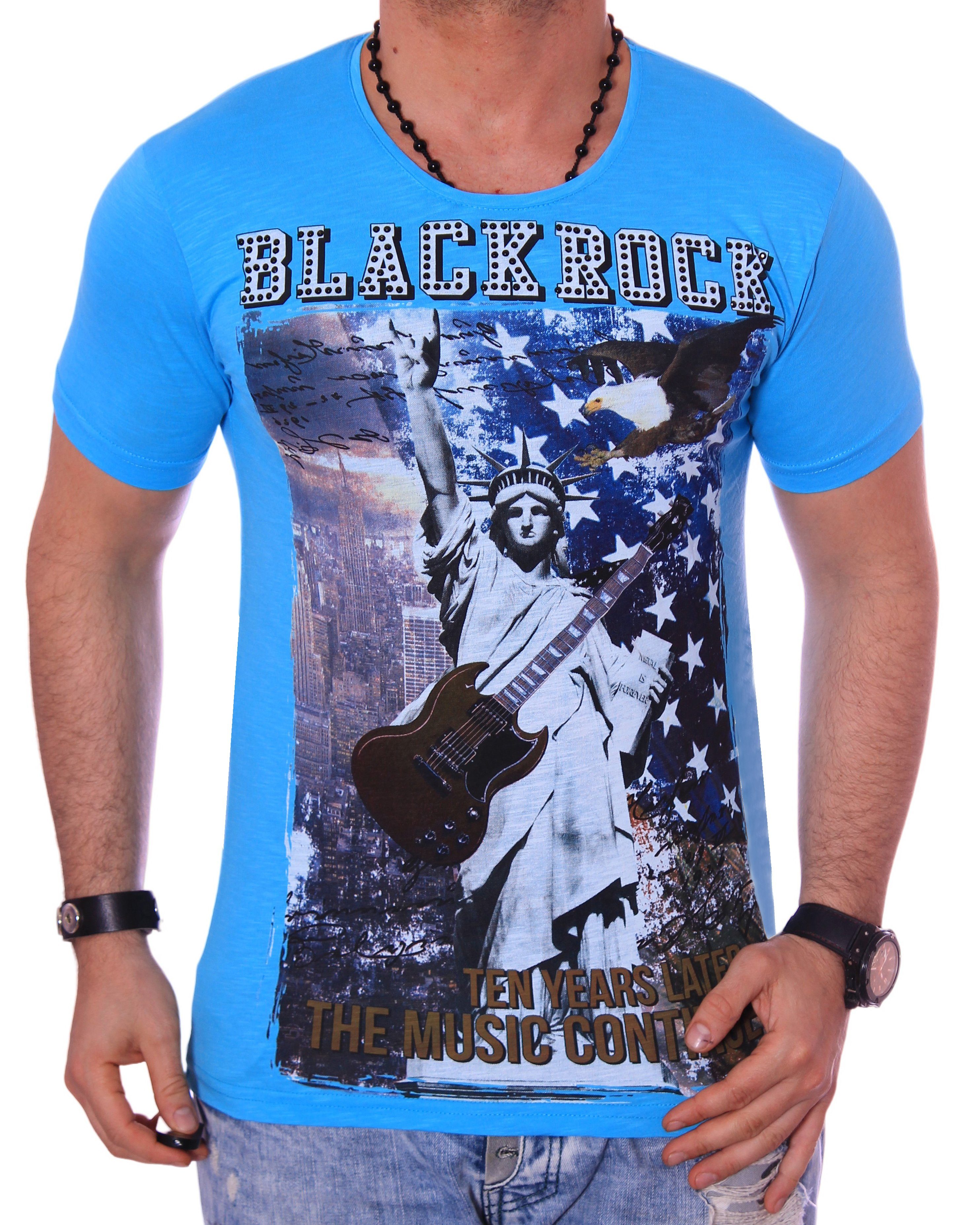 BLACKROCK T-Shirt Herren Shirt T-Shirt Urlaub USA Amerika kurzarm Rundhals bedruckt Print Slim-Fit Türkis