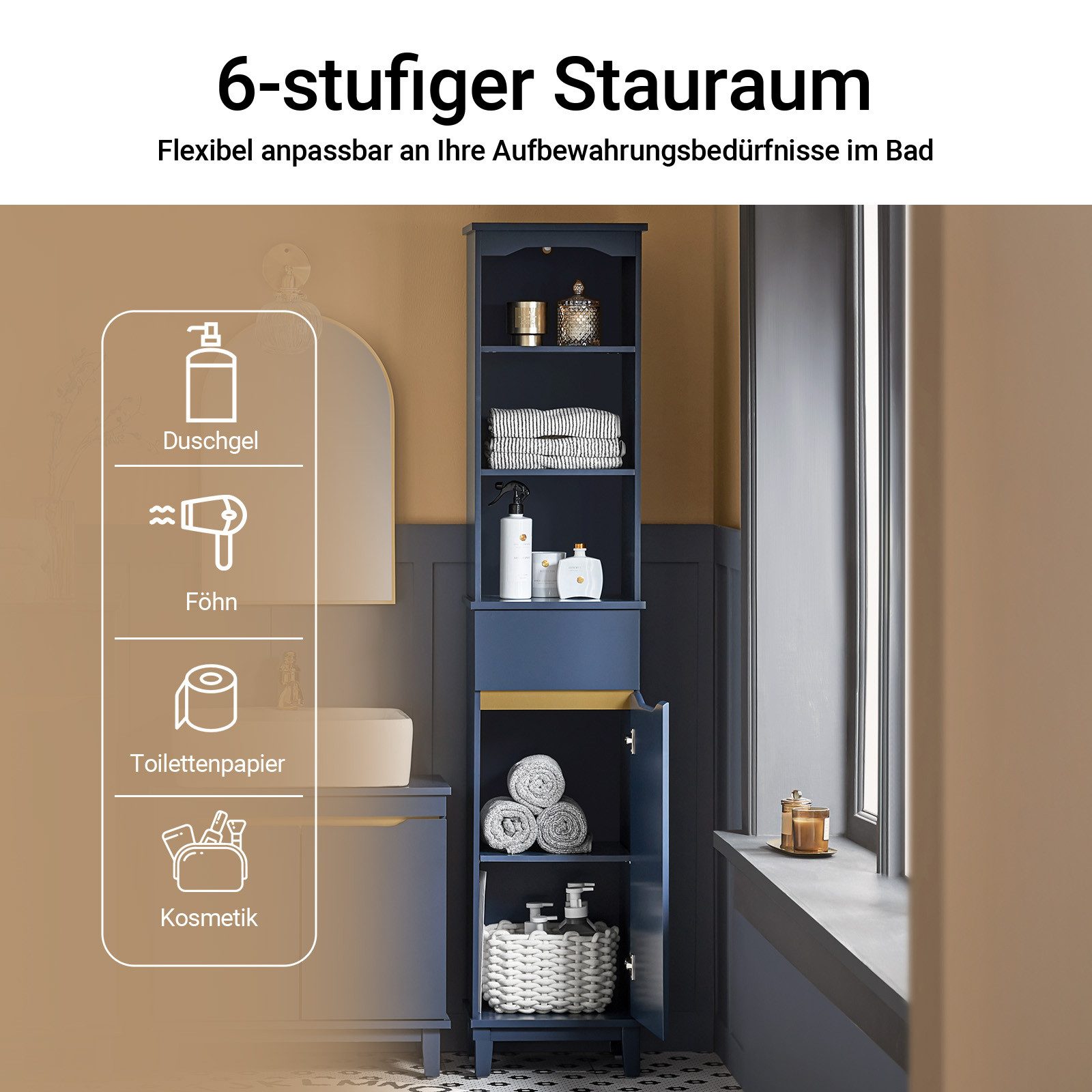 SoBuy Hochschrank BZR112, Badschrank schmal Badregal Badezimmerschrank Badezimmermöbel Badkommode Aufbewahrungsschrank, verstellbare Ablagen, offenes Fach
