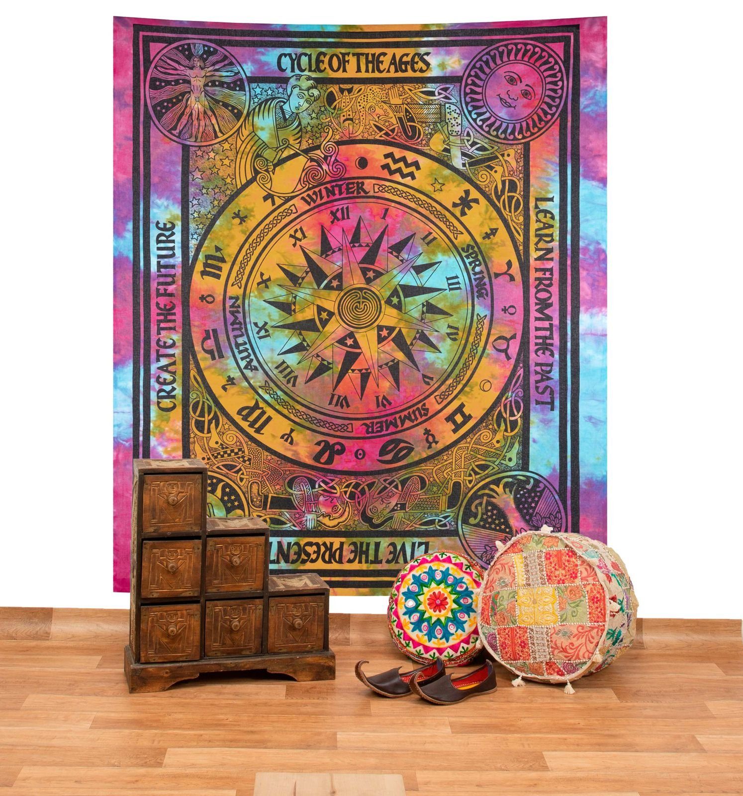 KUNST UND MAGIE Wandteppich Astrologie Tagesdecke Wandbehang Bunt Deko TuchCycle of the Ages Goa