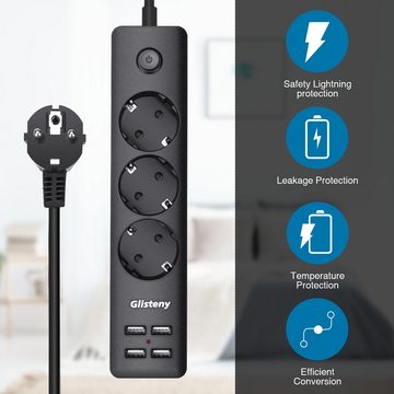 NASUM GLISTENY 3Fach Steckdosenleiste + 4 USB Praktische Stromversorgung Mehrfachsteckdose 7-fach (USB-Anschluss, Überspannungsschutz), + integrierten Ports, besonders sicher