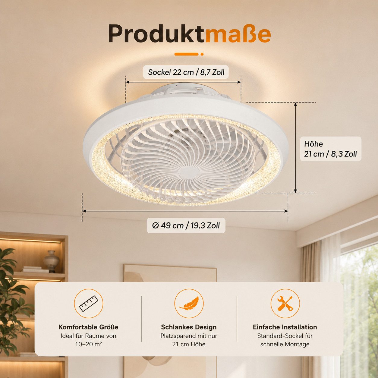 Rosnek Deckenventilator mit Beleuchtung, Moderner Ventilator, 360° drehbar, leise & Dimmbar, 6-Gang, Fernbedienung & App, Timer, 49cm, für Wohn- & Schlafzimmer