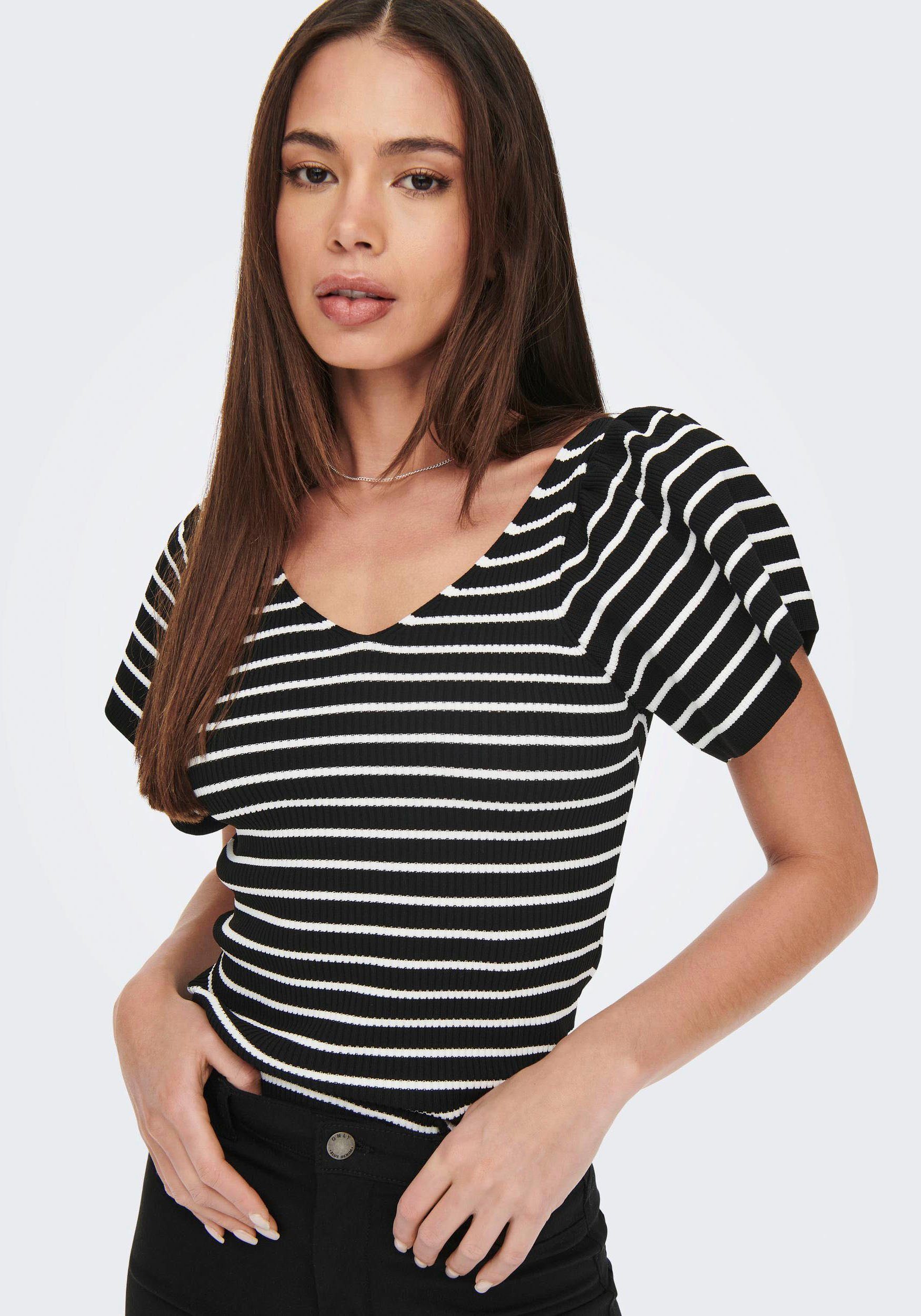 ONLY Kurzarmpullover ONLLEELO STRIPE SS BACK V-NECK KNT NOOS