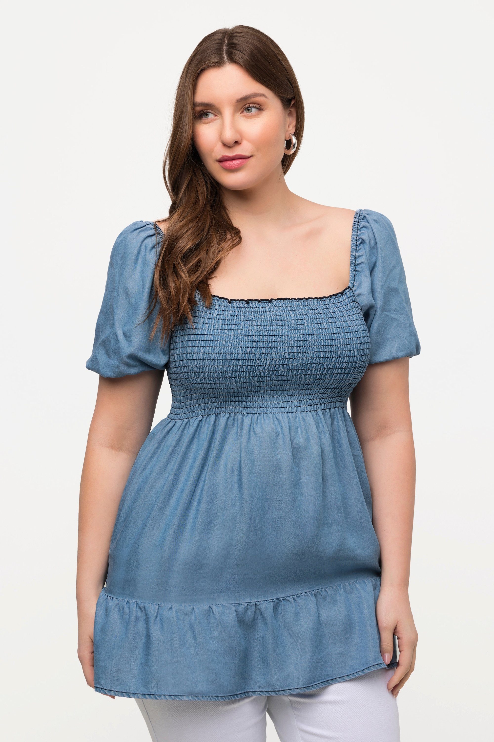 Ulla Popken Longbluse Smok-Longbluse A-Linie Carree-Ausschnitt günstig online kaufen