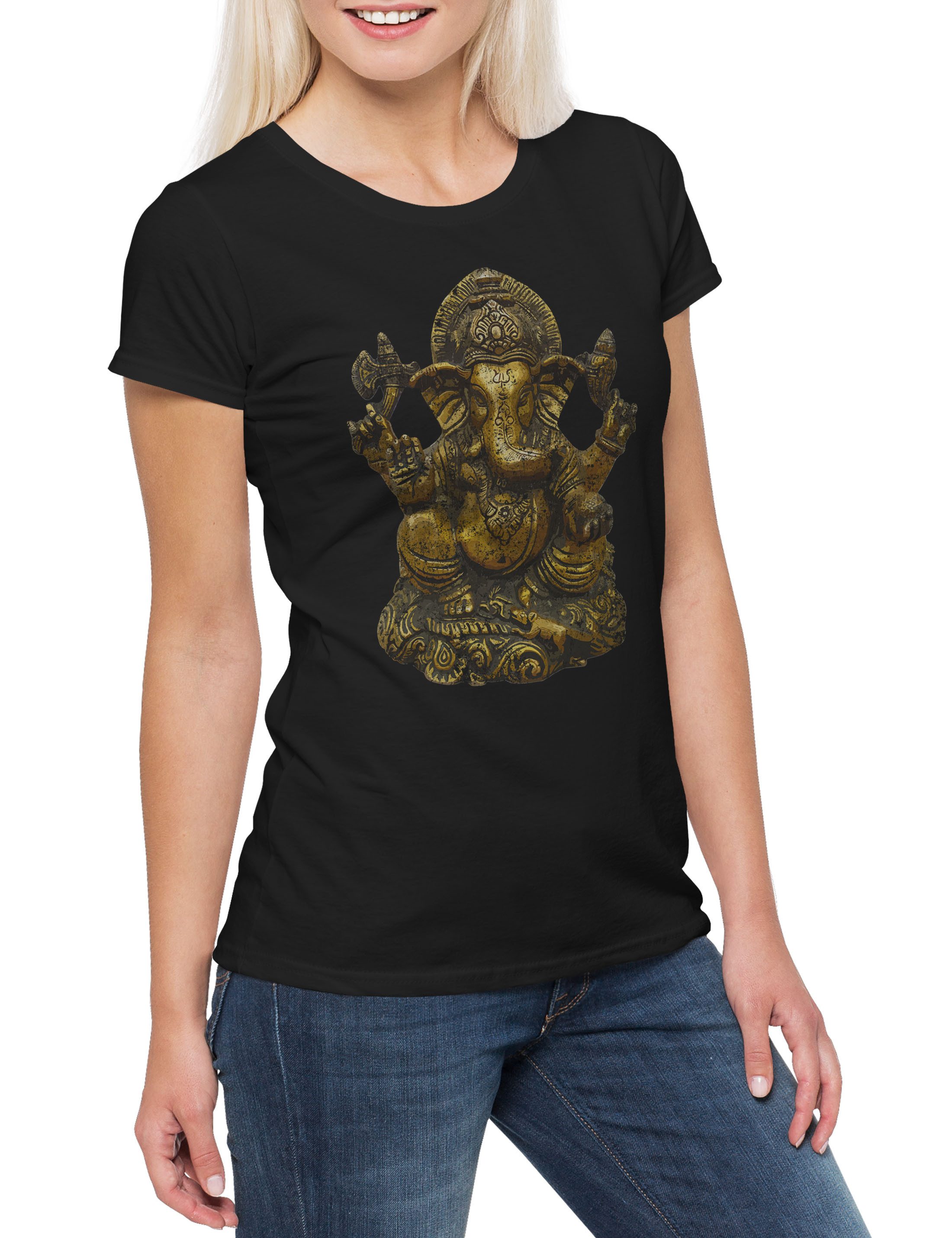 Print-Shirt Ganesha Vintage Damen T-Shirt OM Buddhismus Hinduismus Hindu Yoga