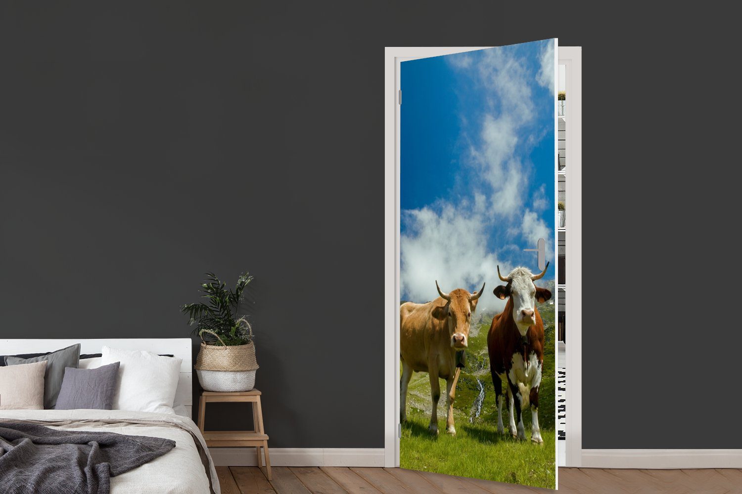 cm Gras, Fototapete Tür, - bedruckt, St), Türtapete Kühe (1 75x205 MuchoWow Alpen Matt, Türaufkleber, - für