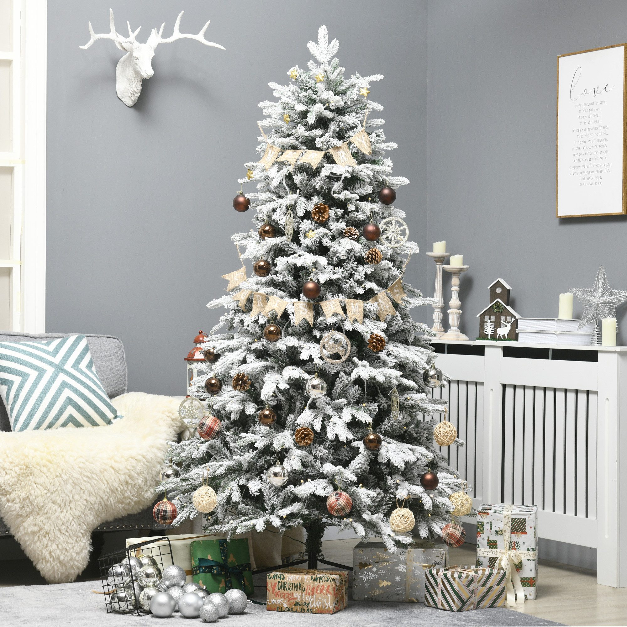 HOMCOM Künstlicher Weihnachtsbaum Christbaum mit 888 Spitzen, mit Schnee, klappbar Metallständer, Tannenbaum, mit Ständer, Grün+ Weiß