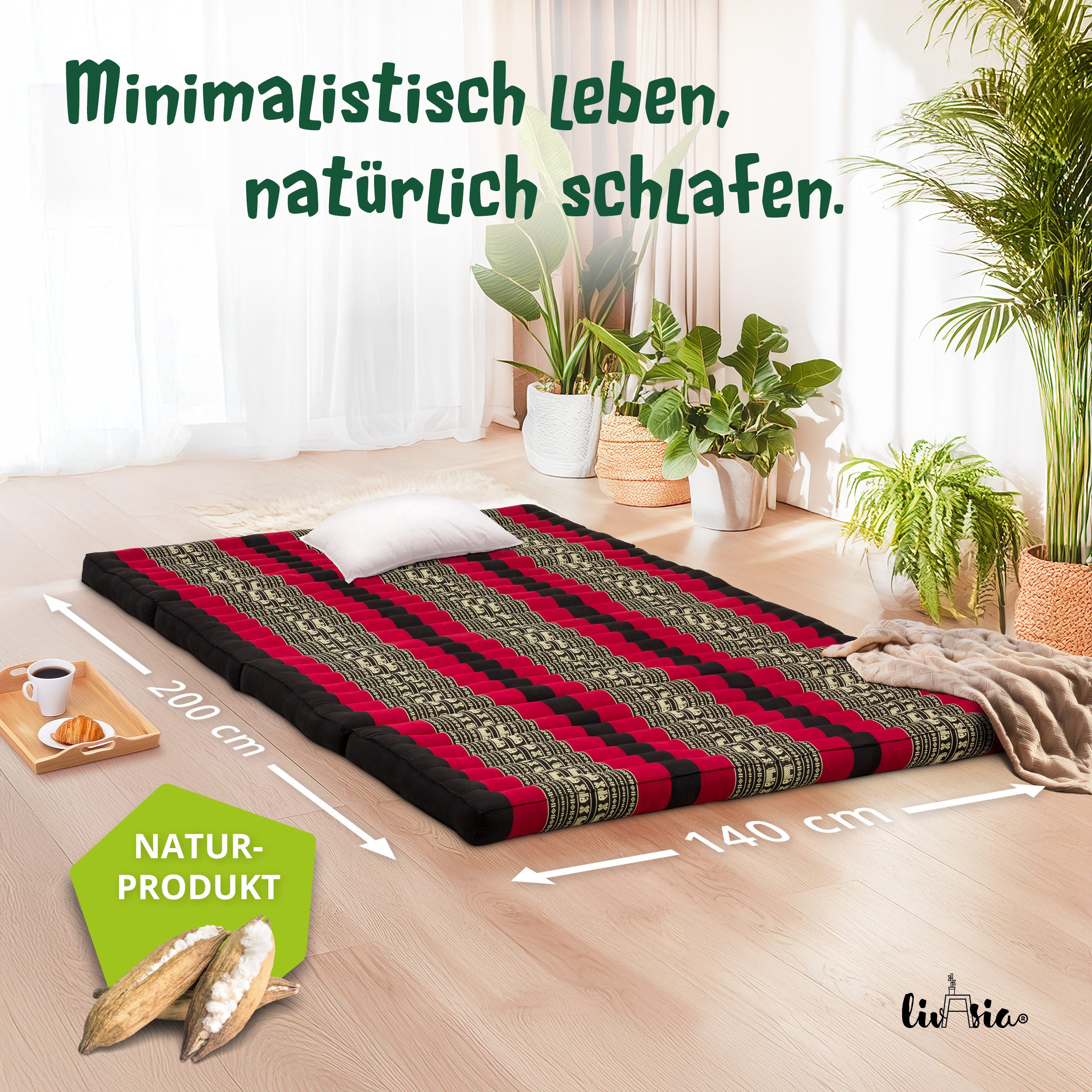 Klappmatratze Faltmatratze 140 cm (Classic) - 200x140x8cm -, livasia, 8 cm hoch, Kapok, vegan, handgefertigt
