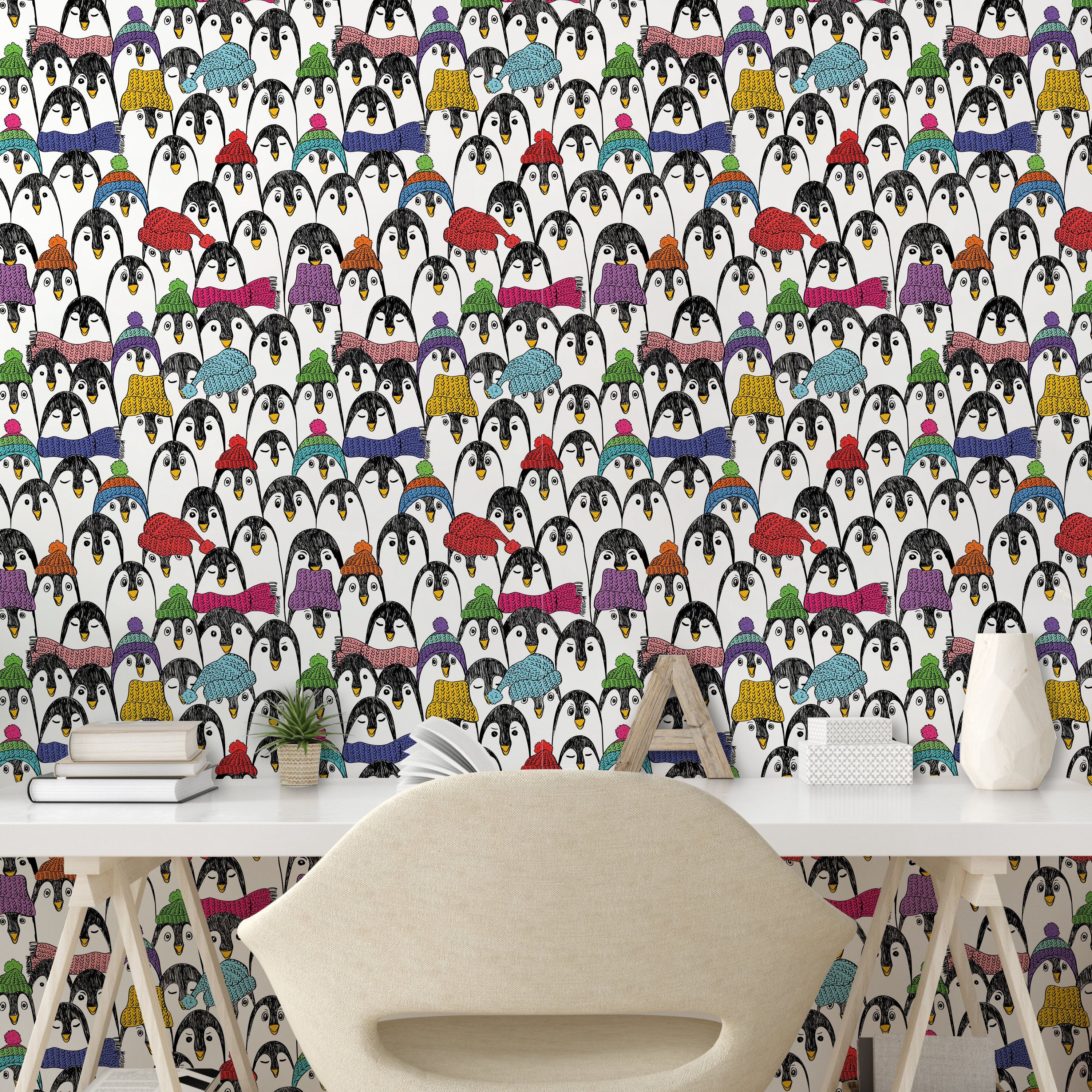 Abakuhaus Vinyltapete selbstklebendes Wohnzimmer Küchenakzent, Pinguin Winter-Cartoon-Tier