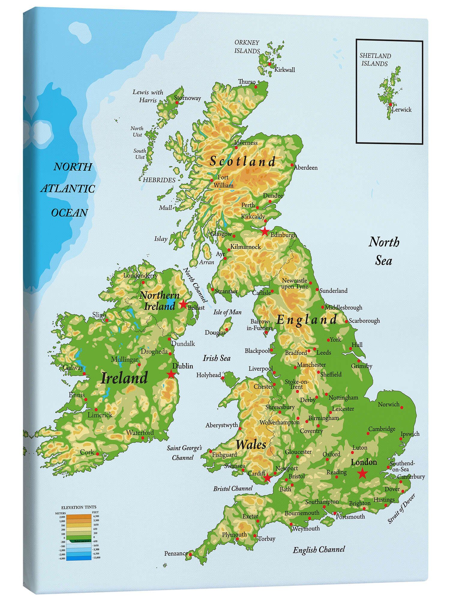 Posterlounge Leinwandbild Editors Choice, Topografische Karte von Großbritannien und Irland (Englisch), Wohnzimmer Illustration