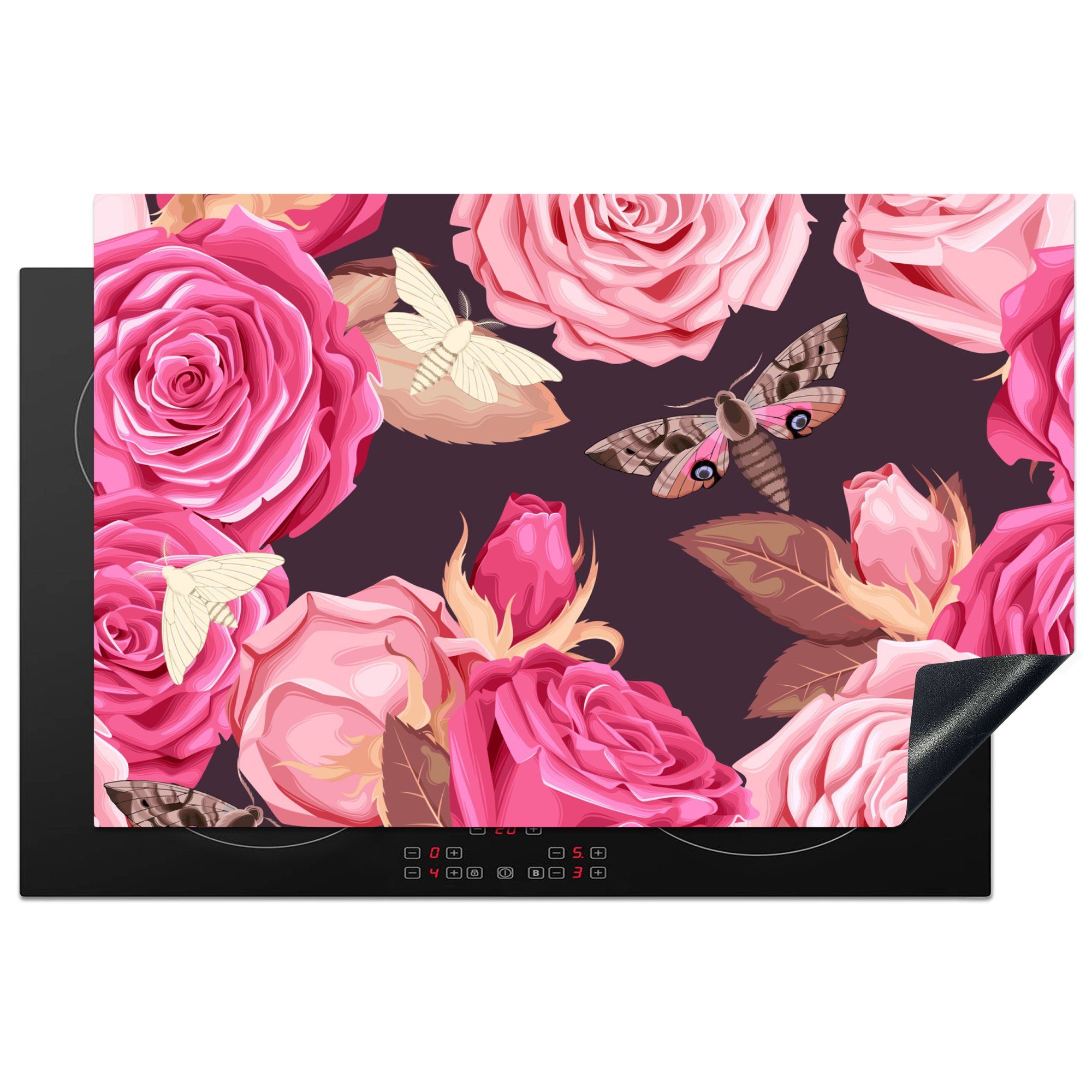 für Schutz Insekten küche, Muster, (1 Induktionskochfeld MuchoWow Herdblende-/Abdeckplatte Ceranfeldabdeckung tlg), die - Rosen Vinyl, 81x52 - cm,