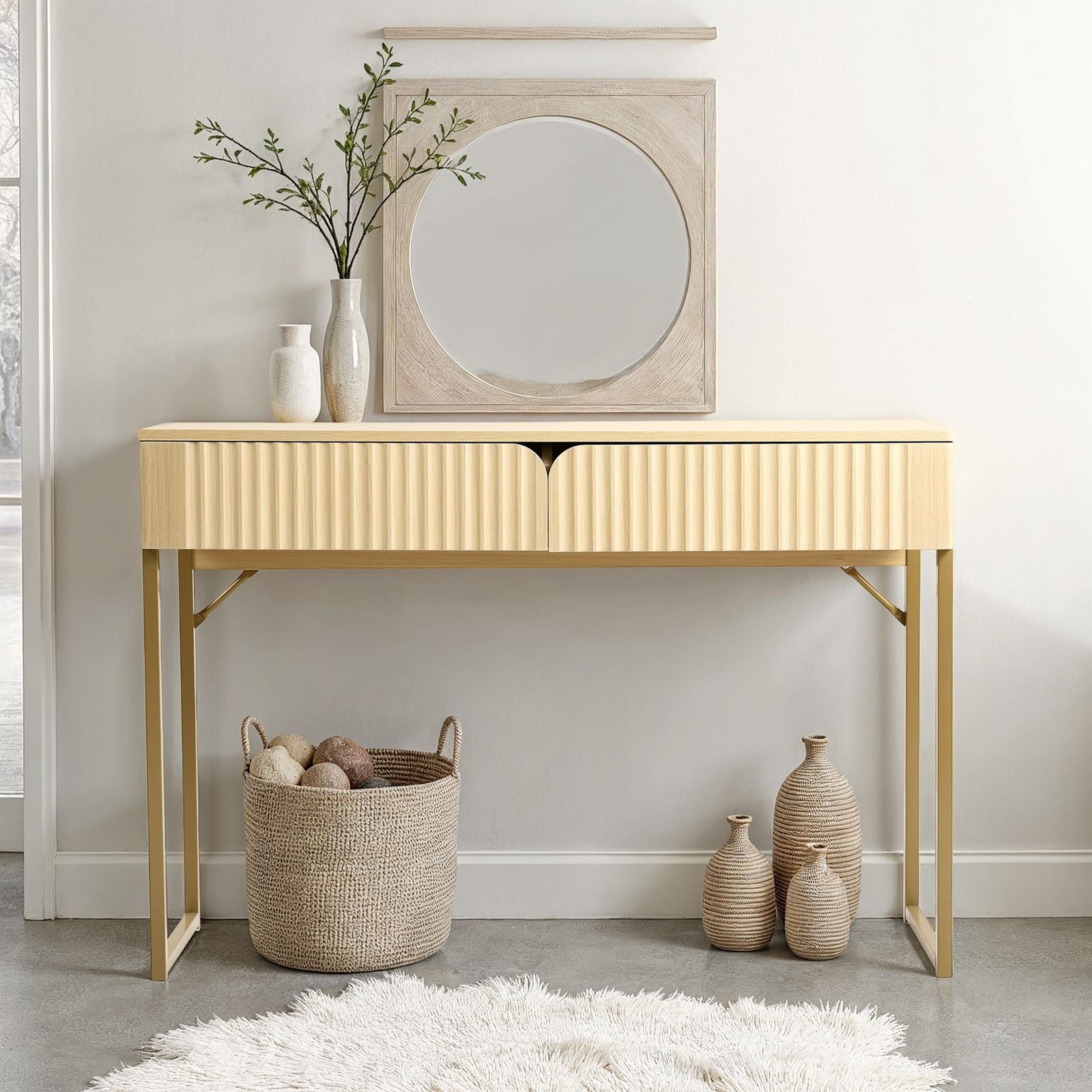 IDIMEX Konsolentisch FRIBO, Schminktisch mit Rillenfront Metallgestell und 2 Schubladen eiche/gold