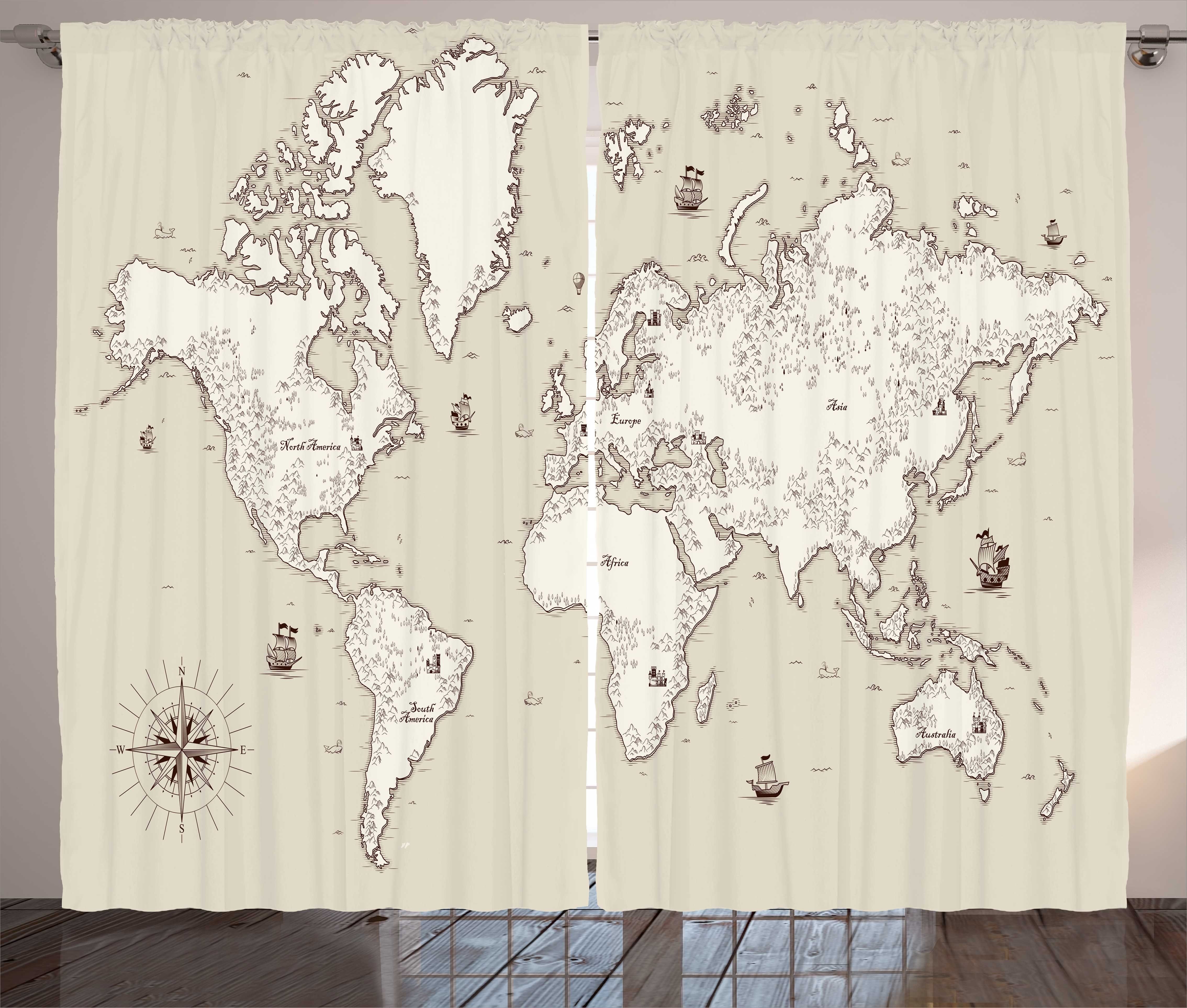 und Karte Vorhang Atlantik Gardine World Schlaufen Mapping Haken, mit Schlafzimmer Abakuhaus, Kräuselband