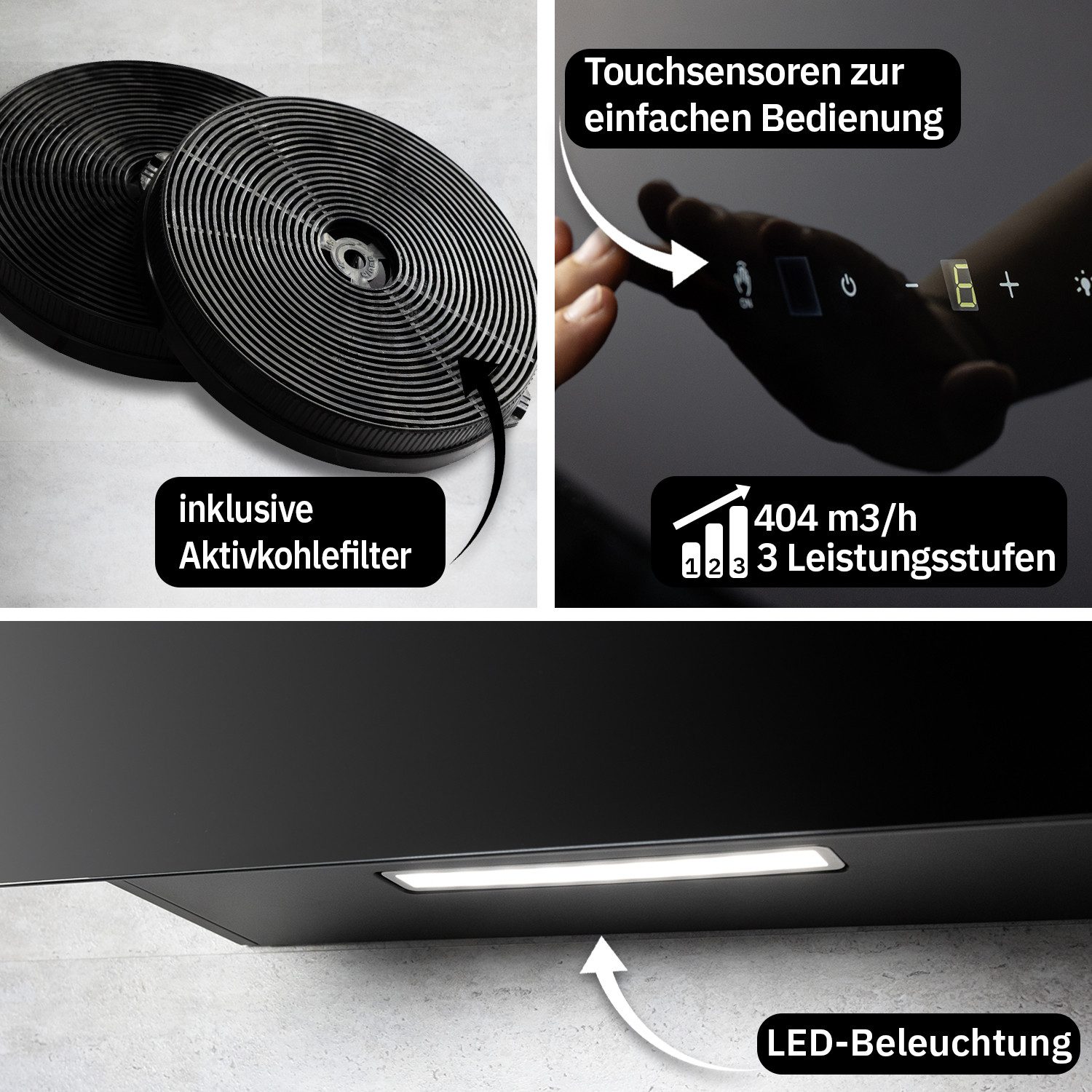 KKT KOLBE Wandhaube Dunstabzugshaube 60cm BASE6004S Dunstabzugshaube 60cm BASE6004S, Abzugshaube / Abluft / 60cm / Umluft / Schwarz / Gestensteuerung / LED