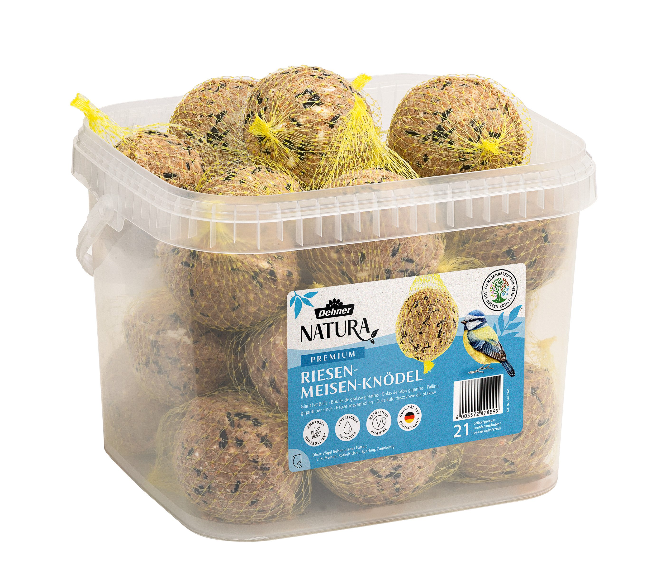 Dehner Natura RIESEN Meisenknödel, 21 Stück je 250 Gramm (5.25 kg), Hauptfutter für: Wildvogel, Gartenvögel, XXL Größe, mit Netz, Wildvogelfutter zur ganzjährigen Fütterung