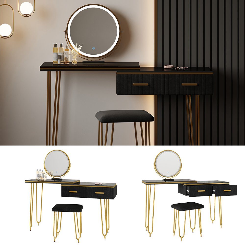 Vicco Schminktisch Zoey, Schwarz Hochglanz, 120 cm mit LED Spiegel und Hock günstig online kaufen