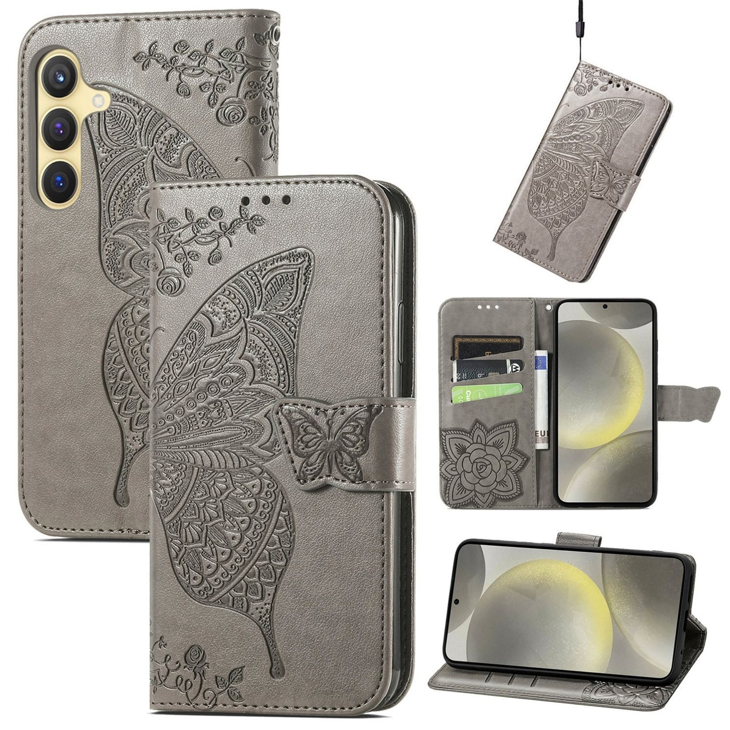Smartphone-Hülle Für Samsung Galaxy A56 / A36 Kunstleder Schmetterling Book Hülle Grau
