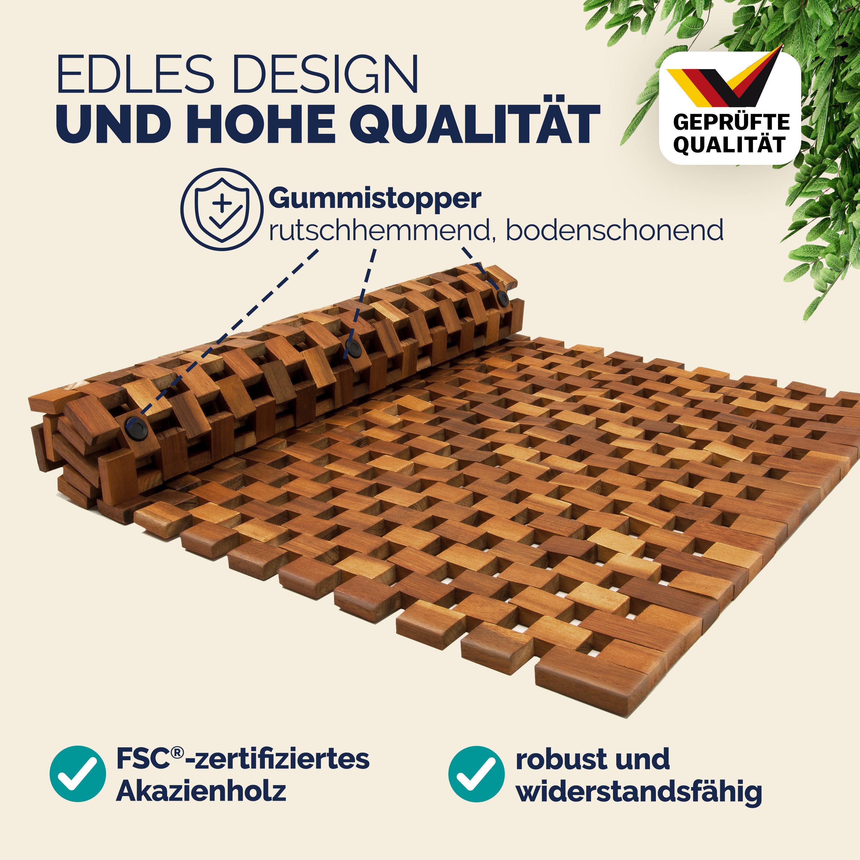 Casaria Badematte Mosaik, Höhe 3 mm, Robustes Akazienholz, Akazienholz, Gitter, Badvorleger Holz 80x50 cm FSC-zertifiziertes Akazienholz Gummistopper