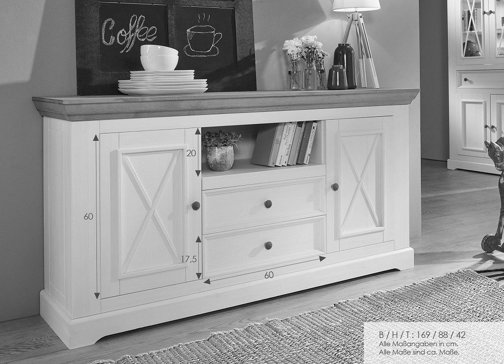 Main Möbel Sideboard 169x88cm "Zürich" Kiefer massiv weiß