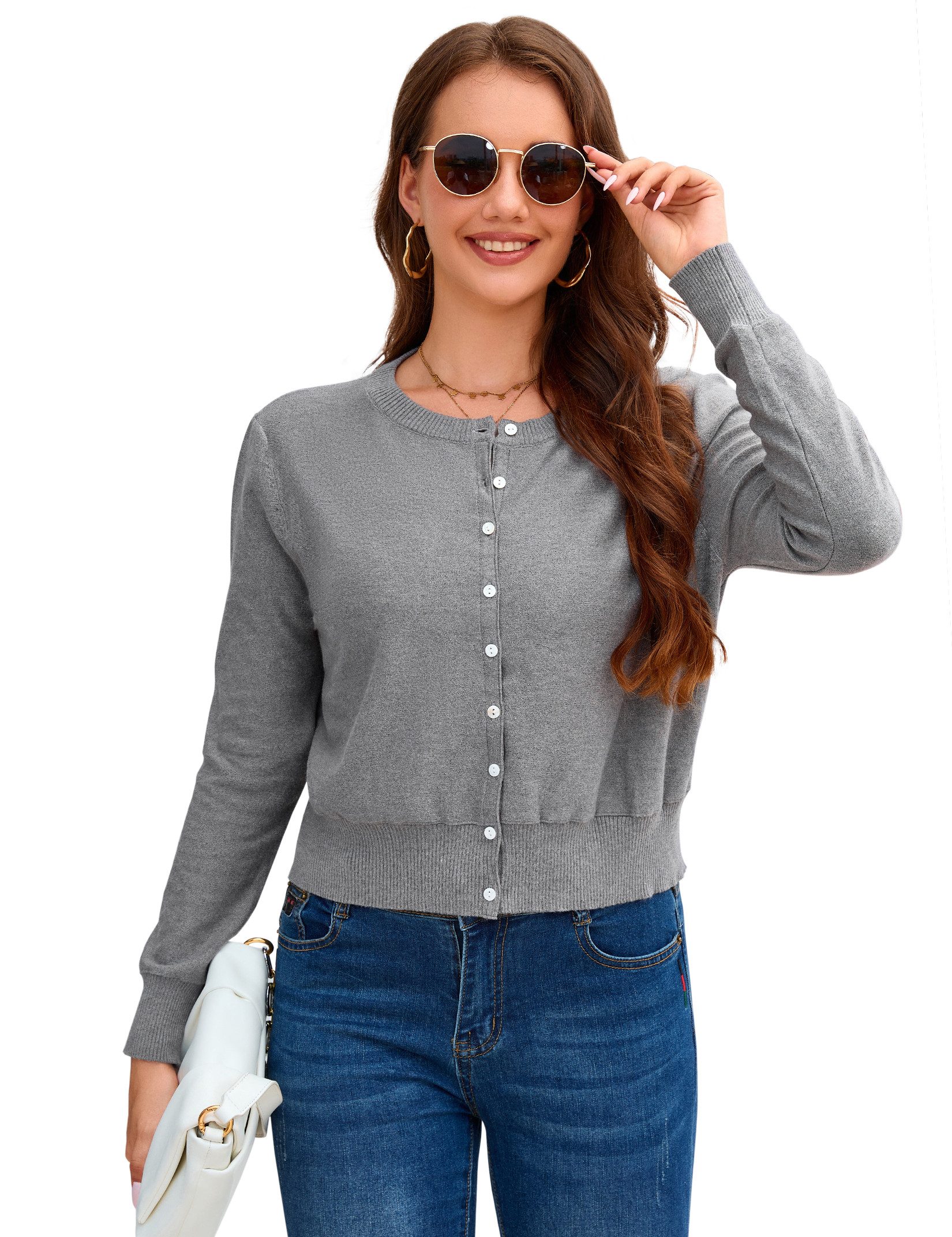 MODISFRAU Bolero Damen Langarm Knit Cardigan mit Knöpfen,Leichte Übergangsjacke