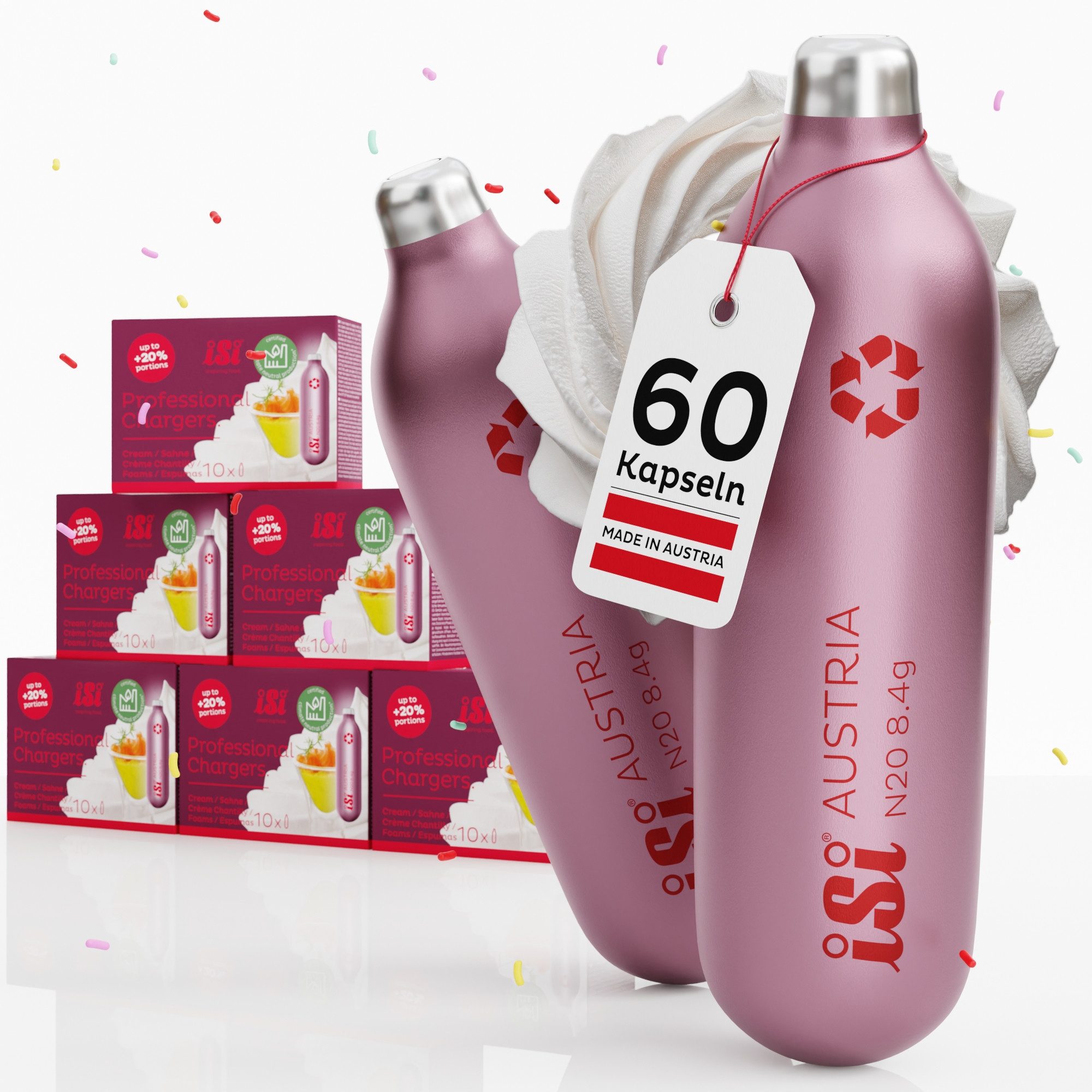 iSi Gaskartusche ISI Sahnekapseln 6x10 Stück - Professional Charger, Zubehör für iSi Creative Whip, iSi Gourmet Whip, iSi Cream Profi Whip, iSi Thermo Whip, 60 St., 8,4 g Reines N2O, 100% recycelbar
